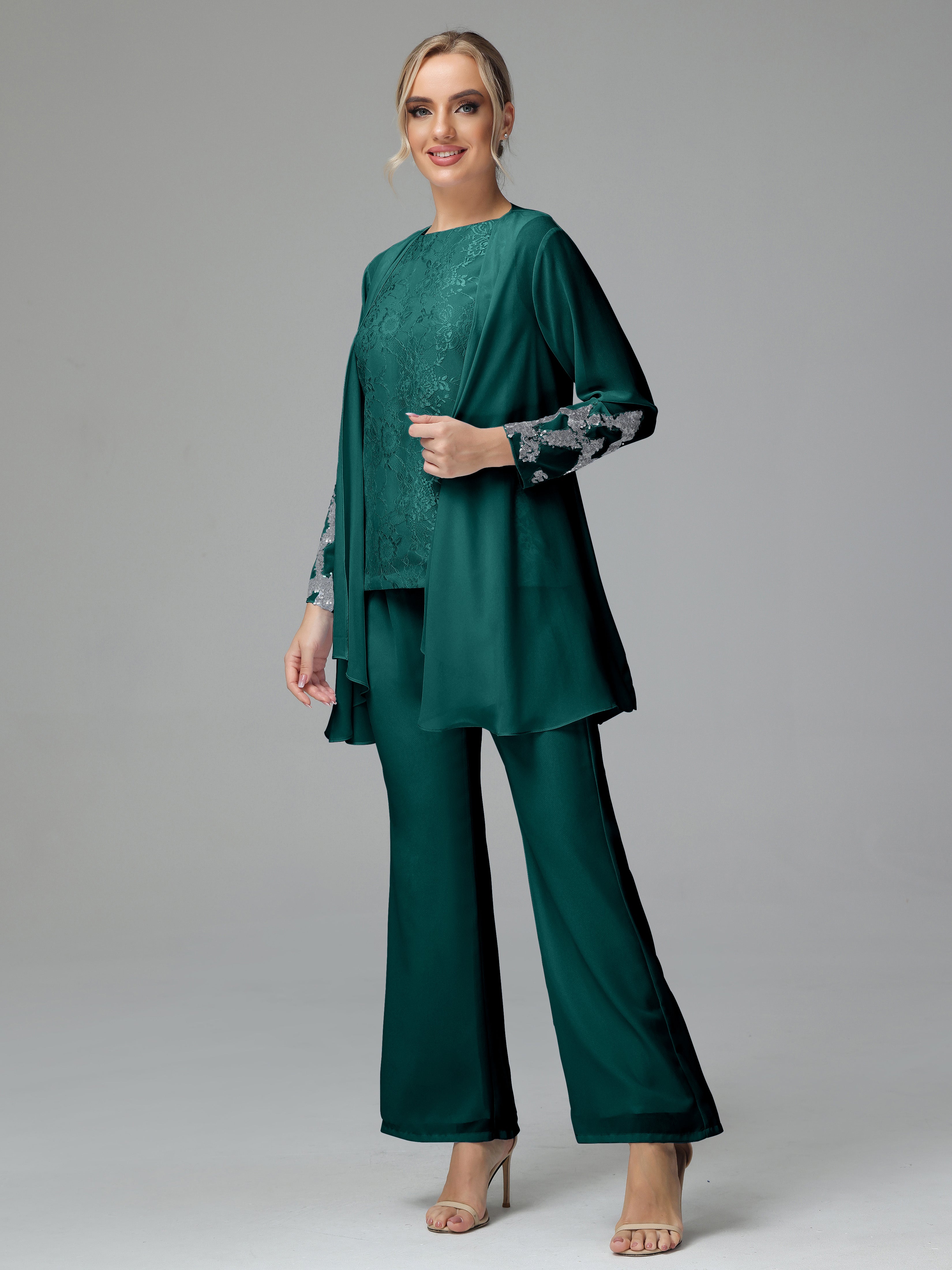 Long Sleeves Chiffon Lace Mother Of The Bride Dress Pants Suits