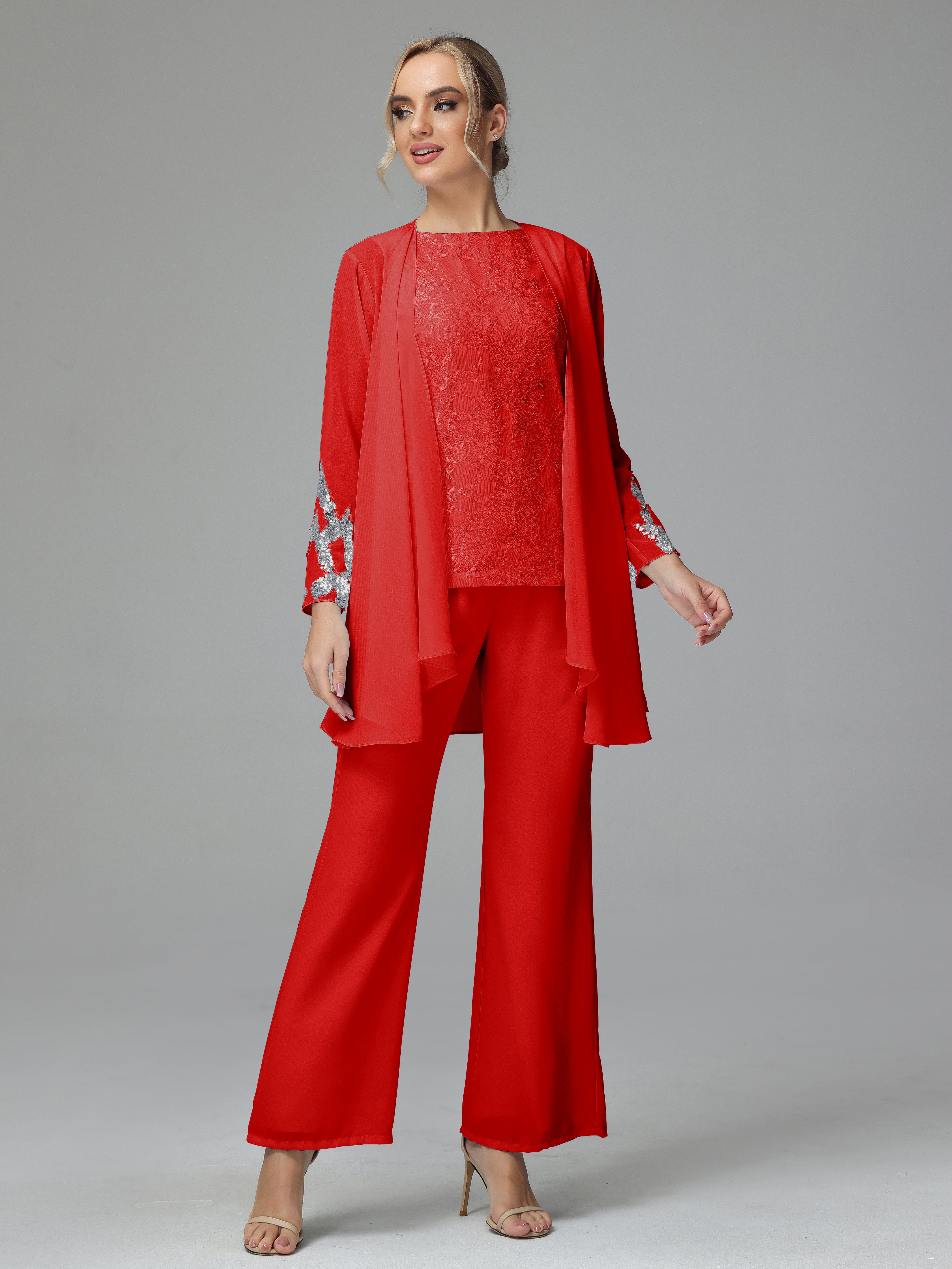 Long Sleeves Chiffon Lace Mother Of The Bride Dress Pants Suits