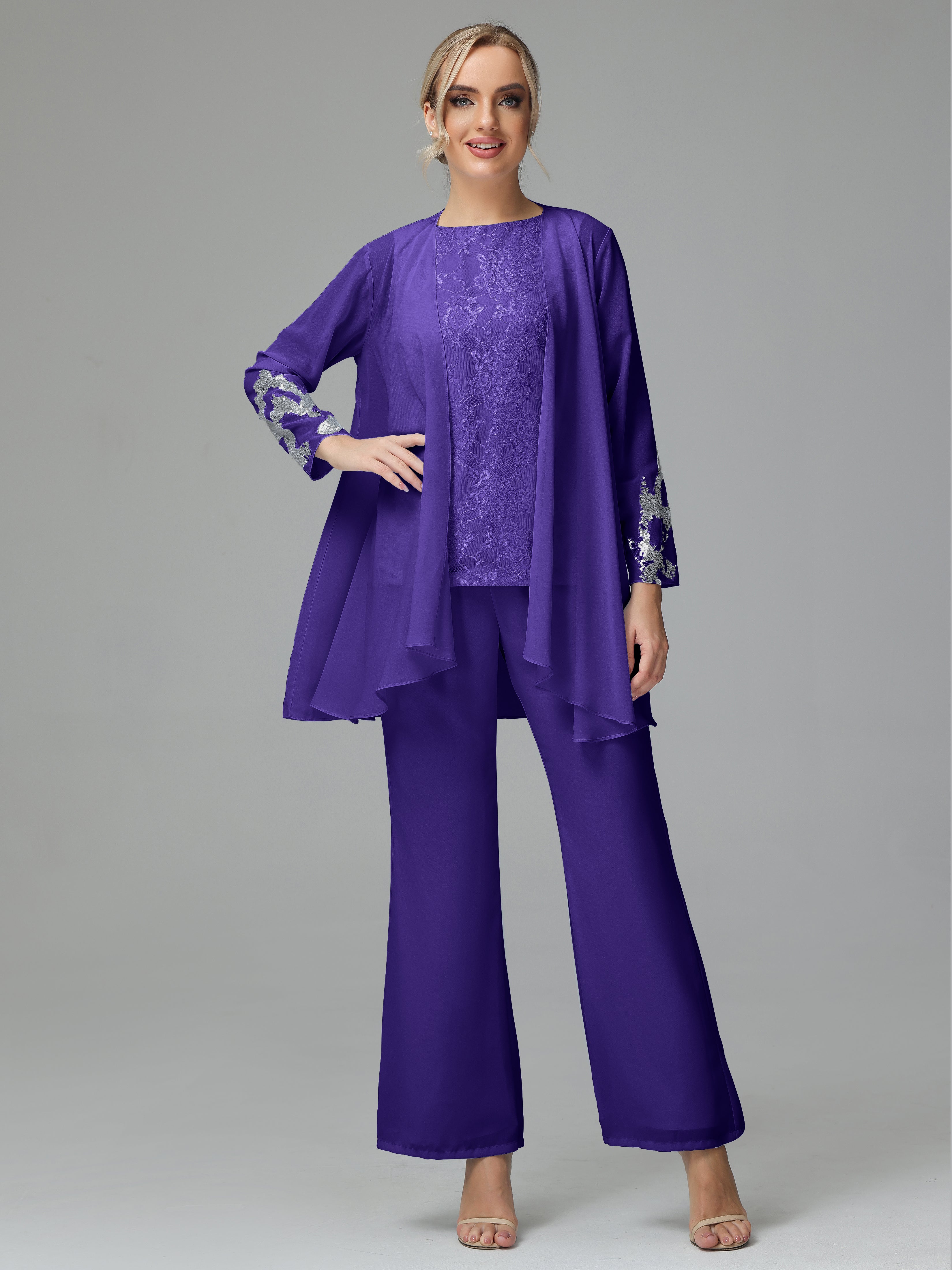 Long Sleeves Chiffon Lace Mother Of The Bride Dress Pants Suits