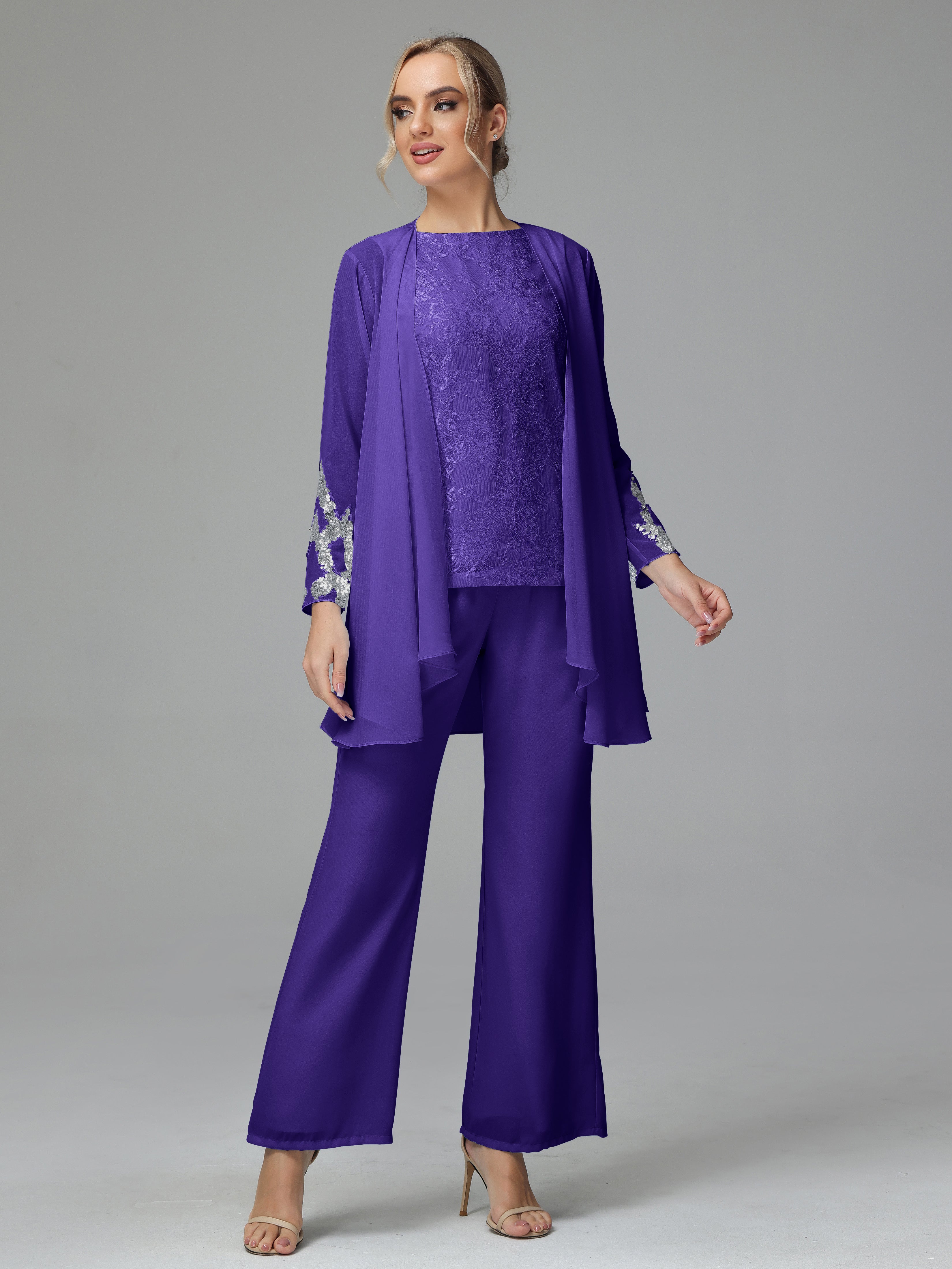 Long Sleeves Chiffon Lace Mother Of The Bride Dress Pants Suits