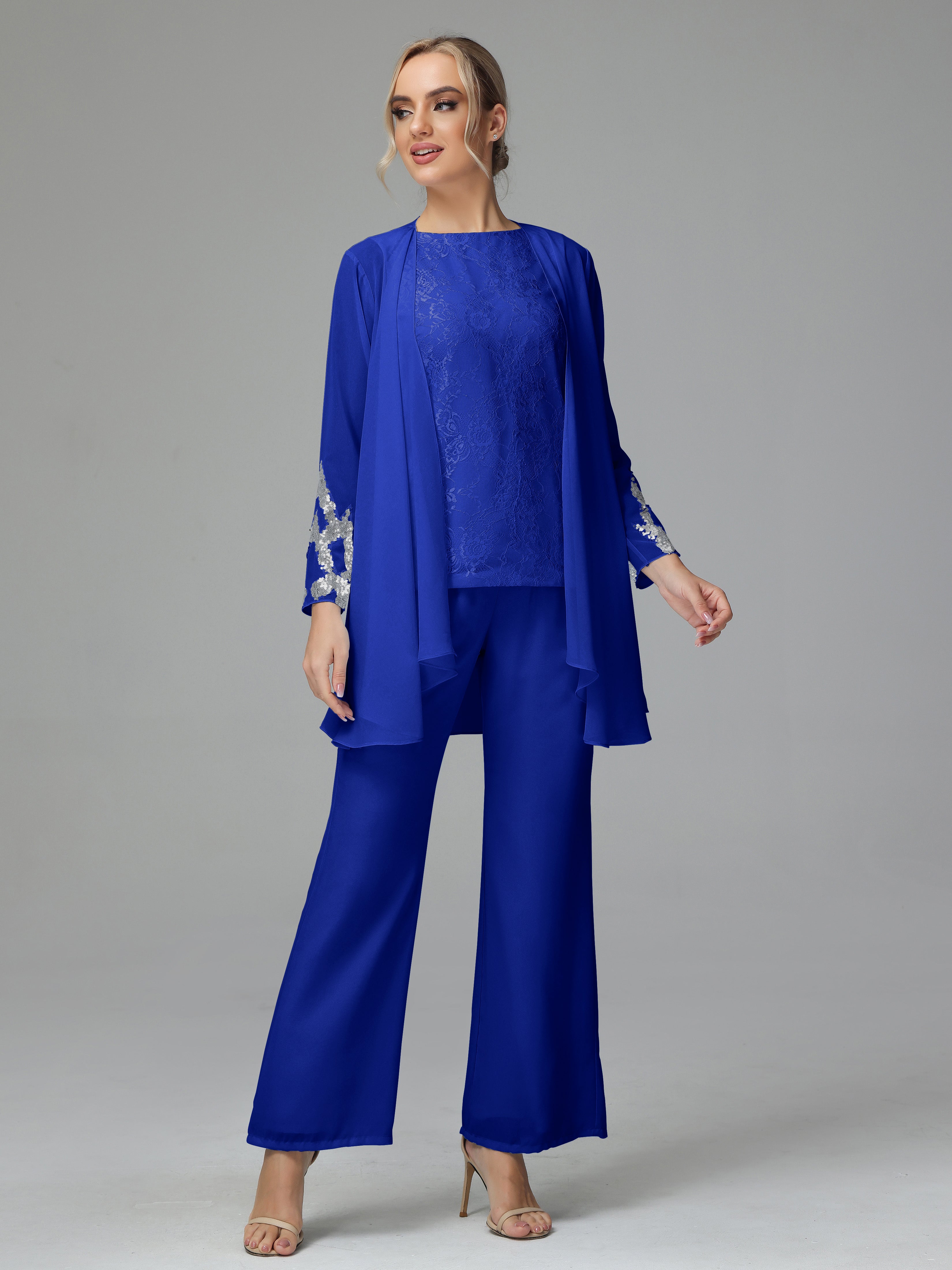 Long Sleeves Chiffon Lace Mother Of The Bride Dress Pants Suits