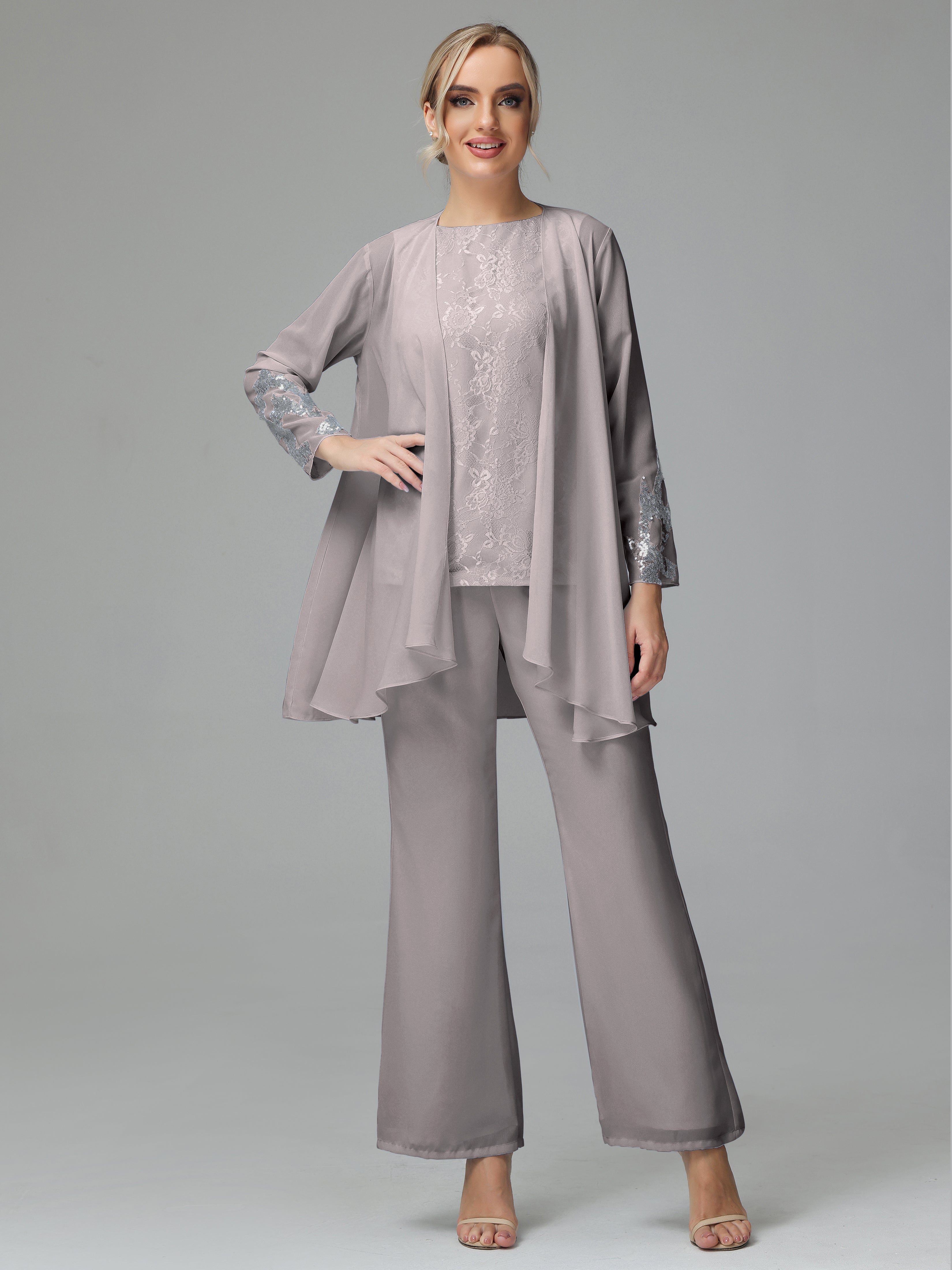 Long Sleeves Chiffon Lace Mother Of The Bride Dress Pants Suits