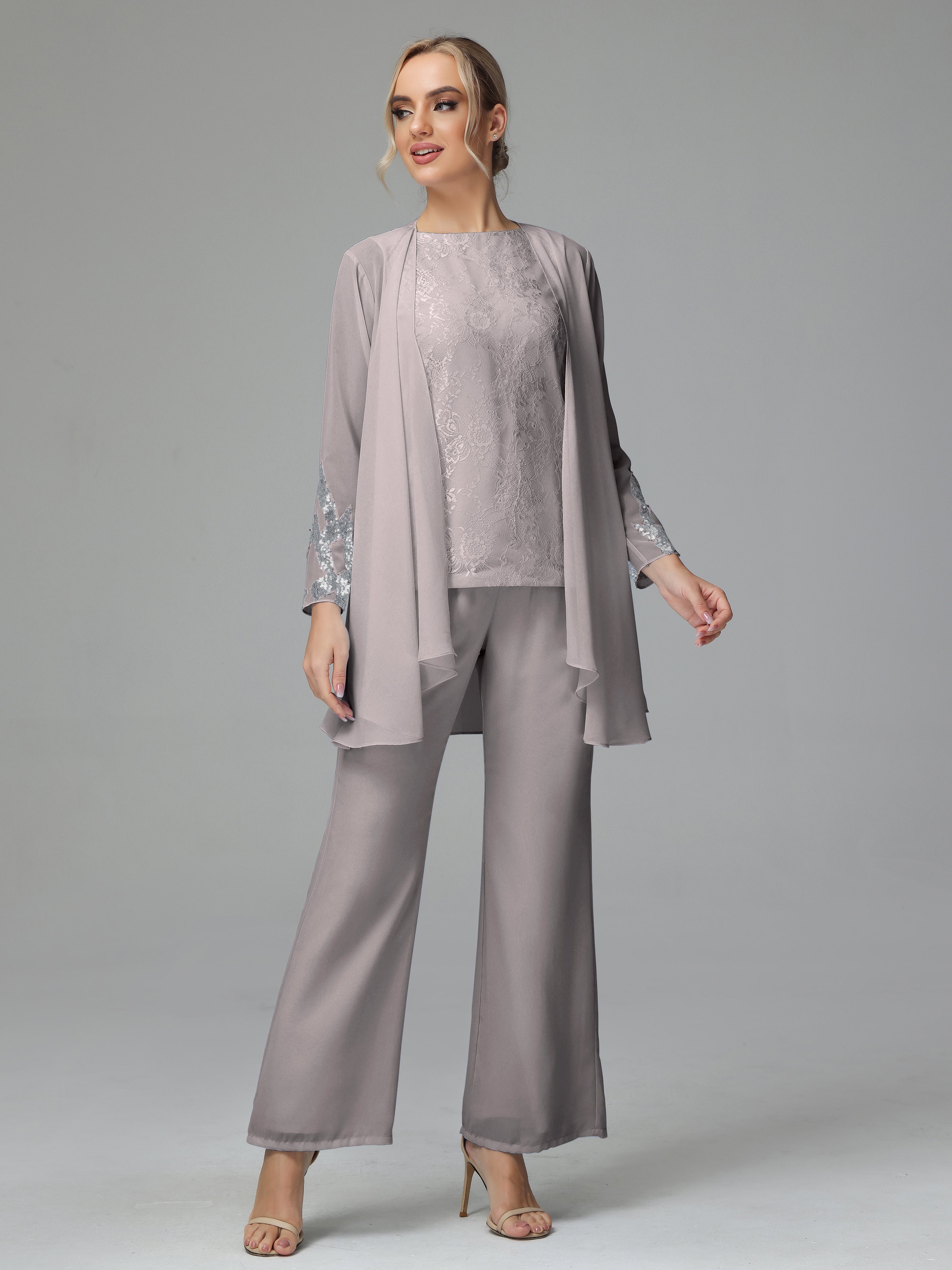 Long Sleeves Chiffon Lace Mother Of The Bride Dress Pants Suits