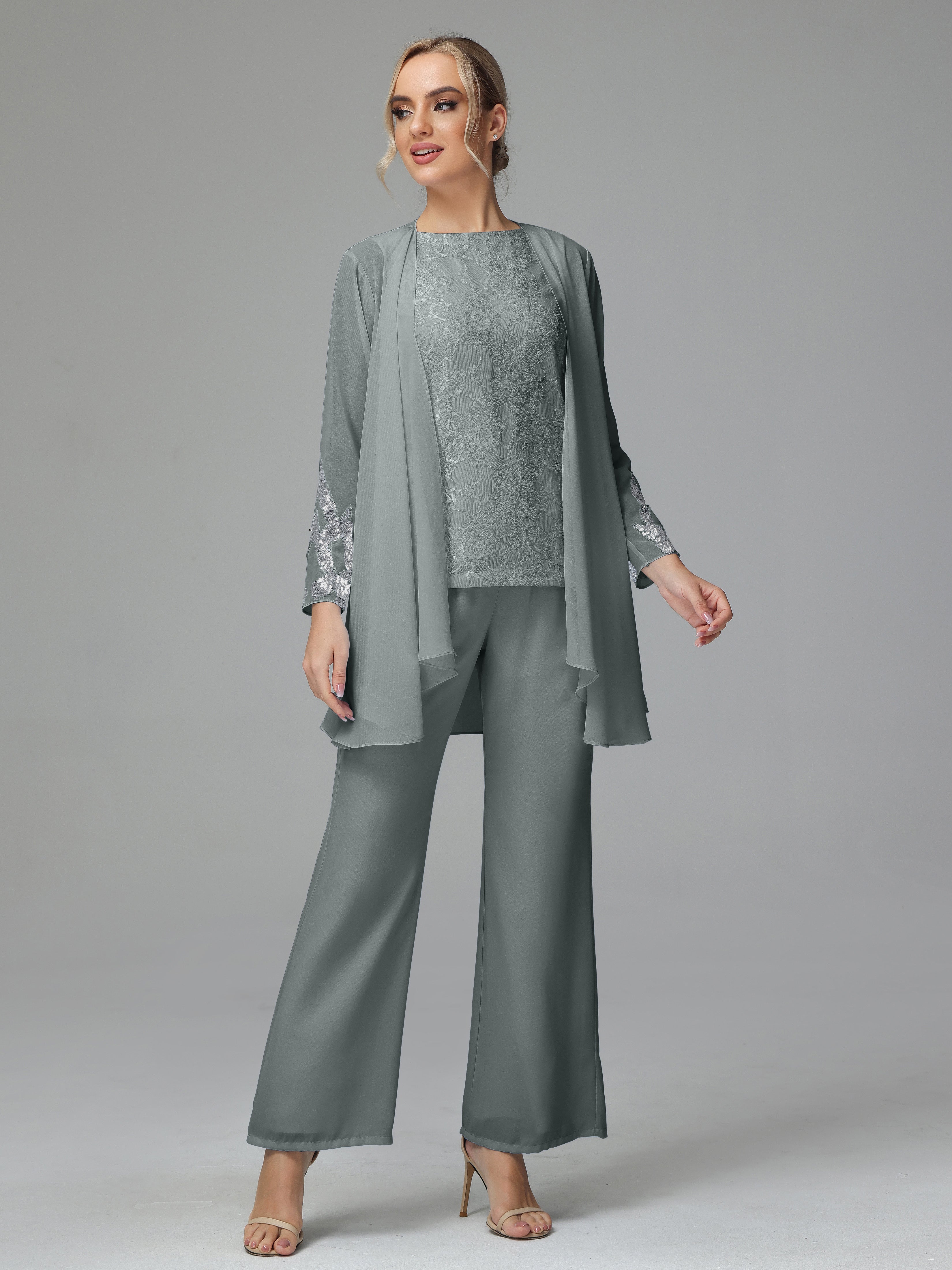 Long Sleeves Chiffon Lace Mother Of The Bride Dress Pants Suits