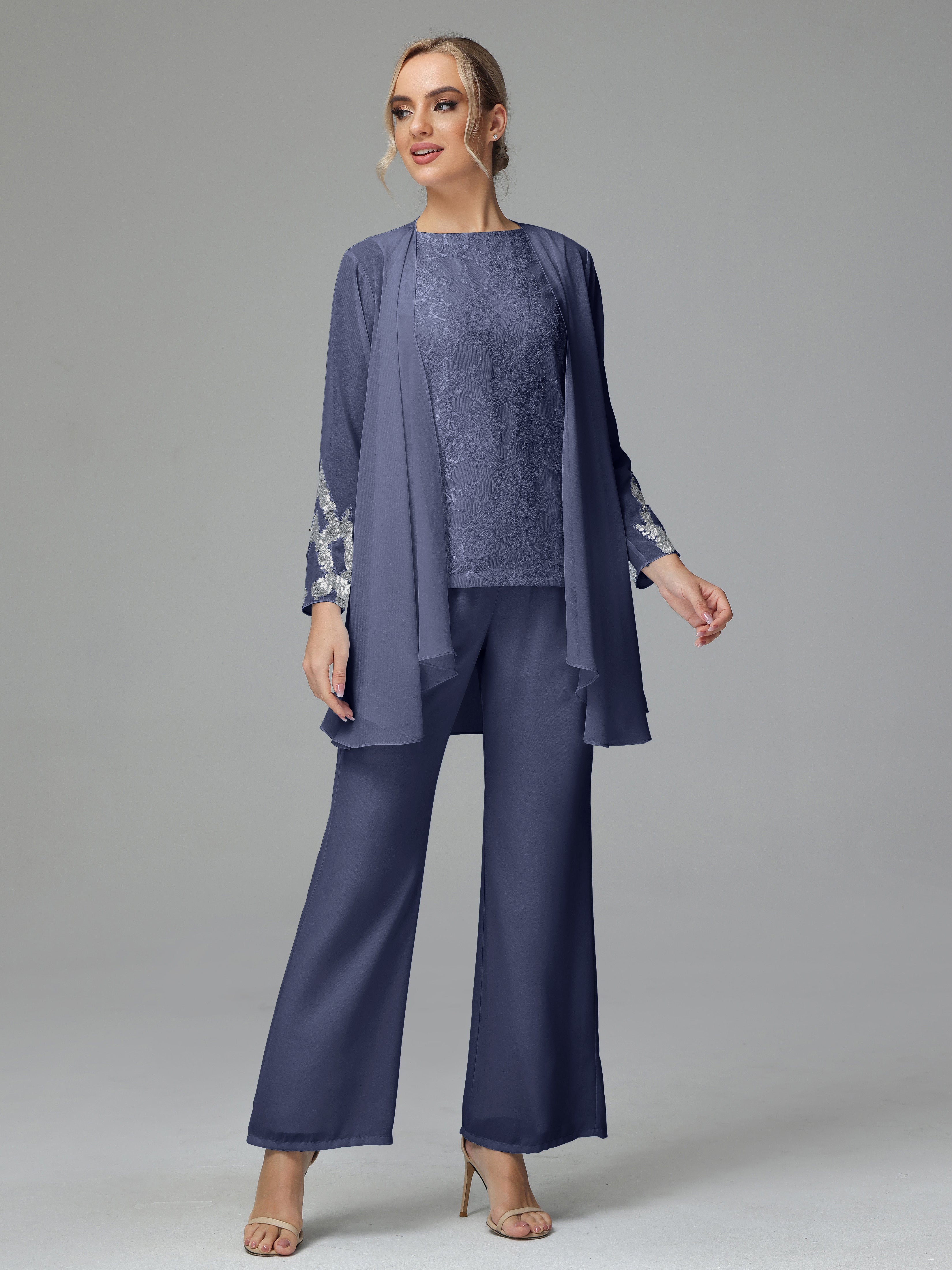 Long Sleeves Chiffon Lace Mother Of The Bride Dress Pants Suits