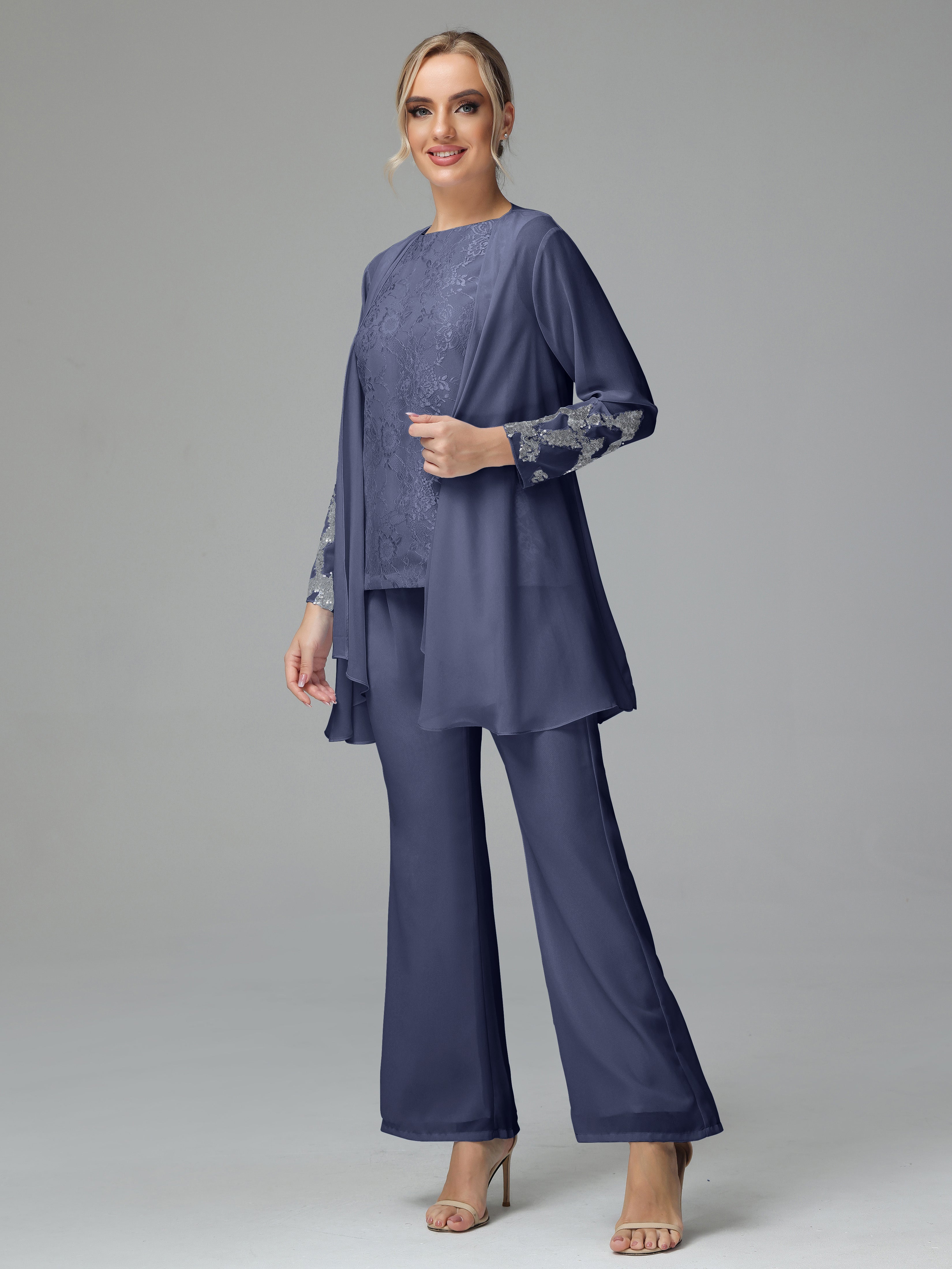Long Sleeves Chiffon Lace Mother Of The Bride Dress Pants Suits