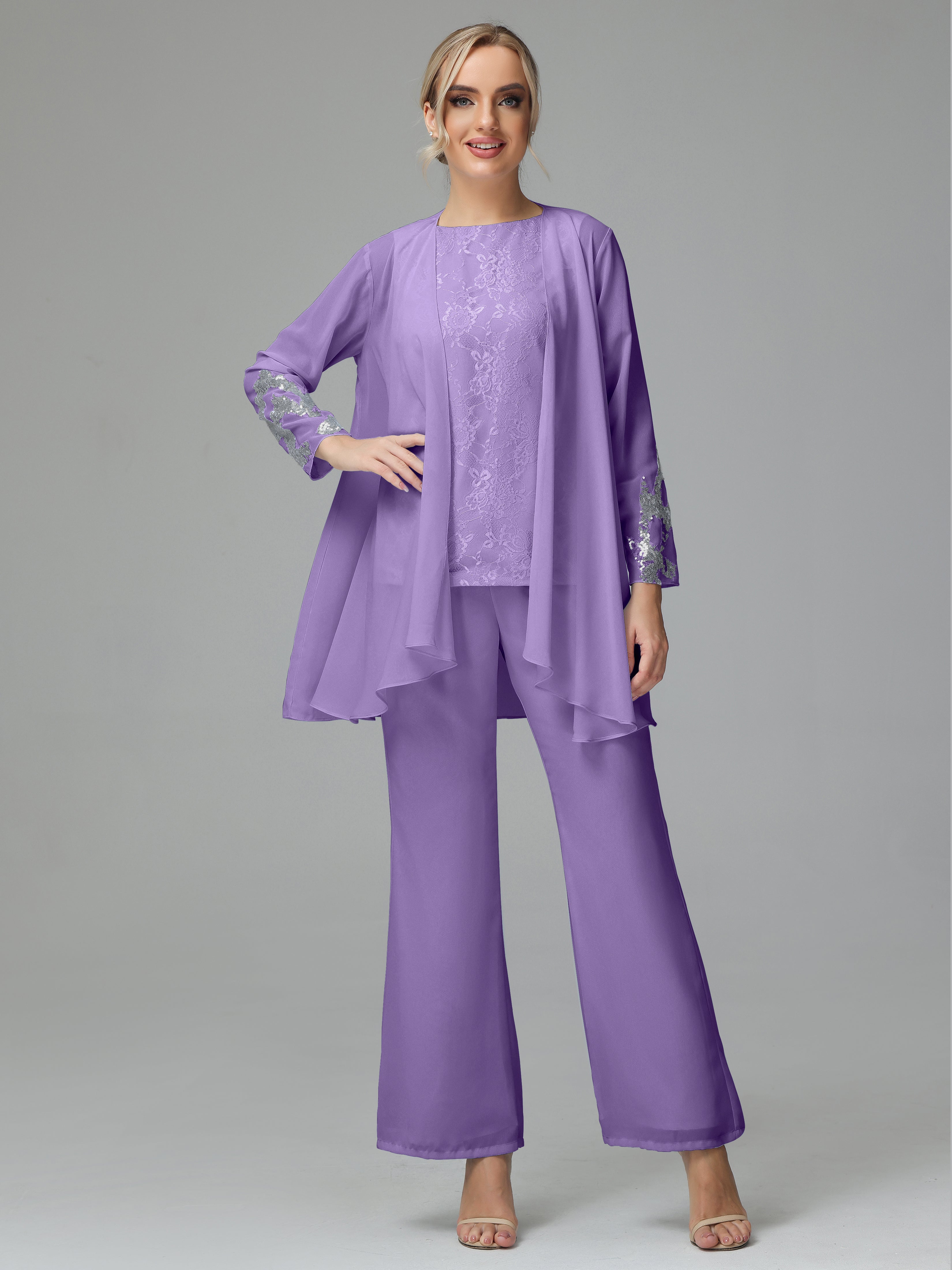 Long Sleeves Chiffon Lace Mother Of The Bride Dress Pants Suits