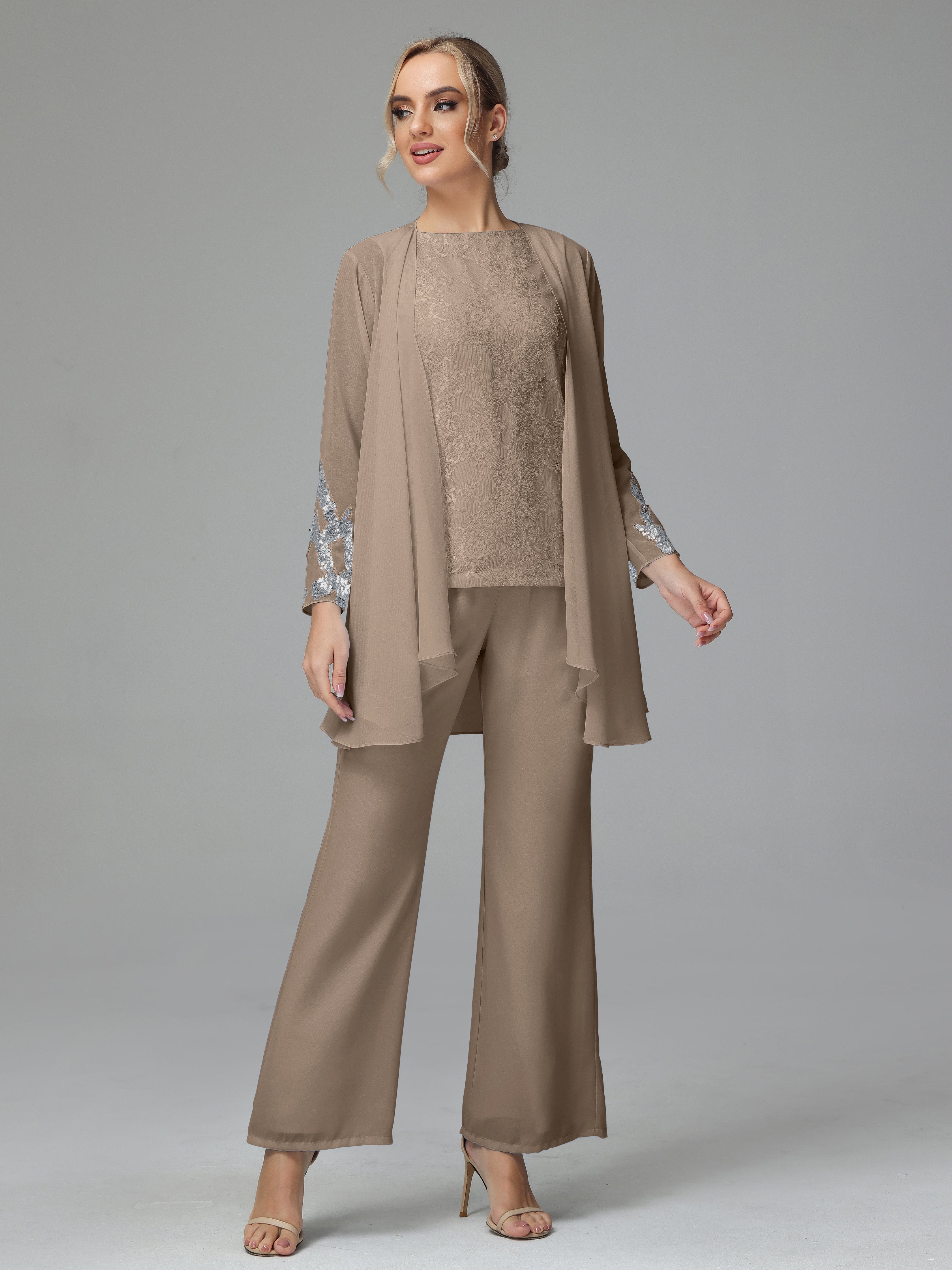 Long Sleeves Chiffon Lace Mother Of The Bride Dress Pants Suits