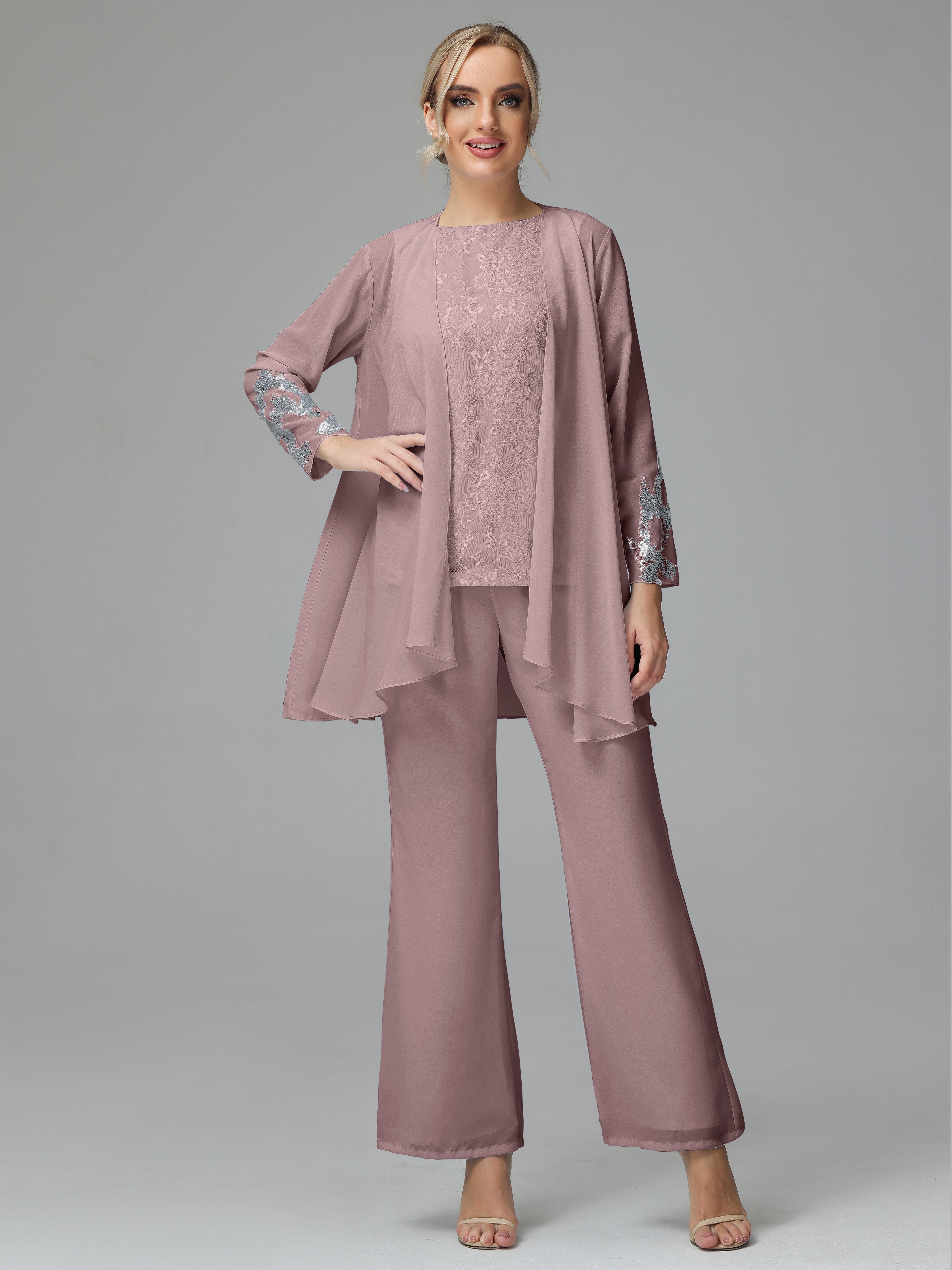 Long Sleeves Chiffon Lace Mother Of The Bride Dress Pants Suits