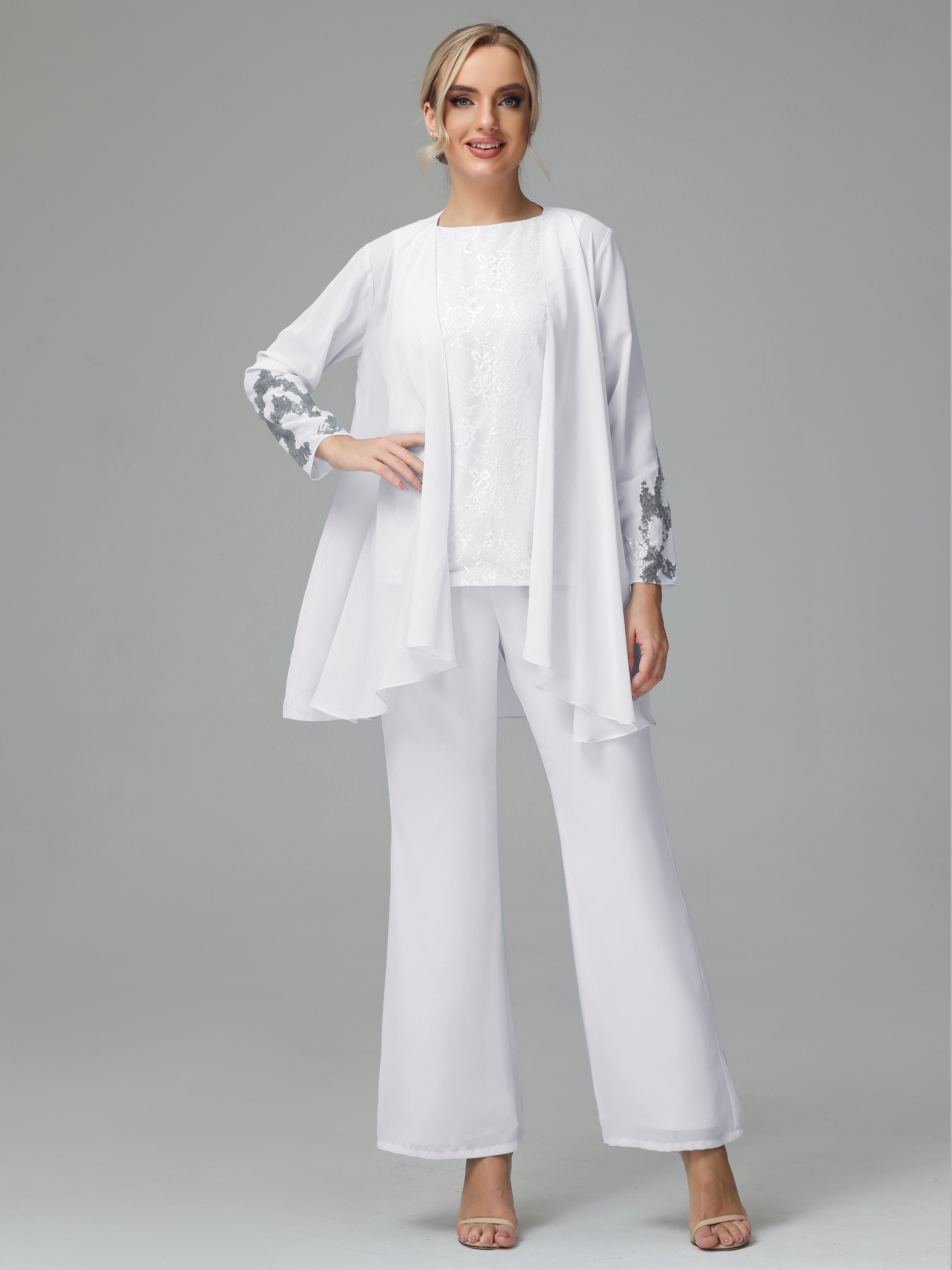 Long Sleeves Chiffon Lace Mother Of The Bride Dress Pants Suits