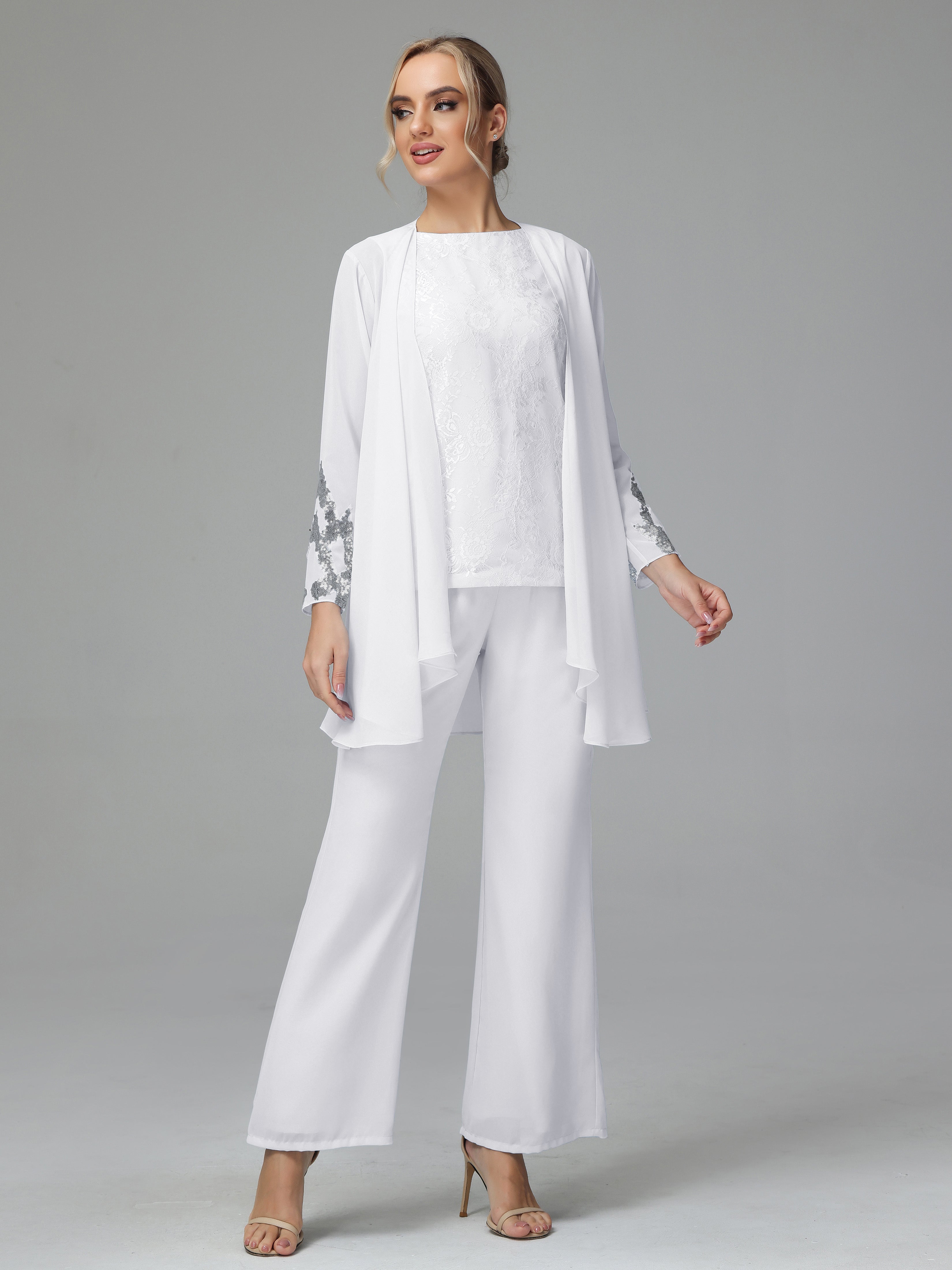 Long Sleeves Chiffon Lace Mother Of The Bride Dress Pants Suits