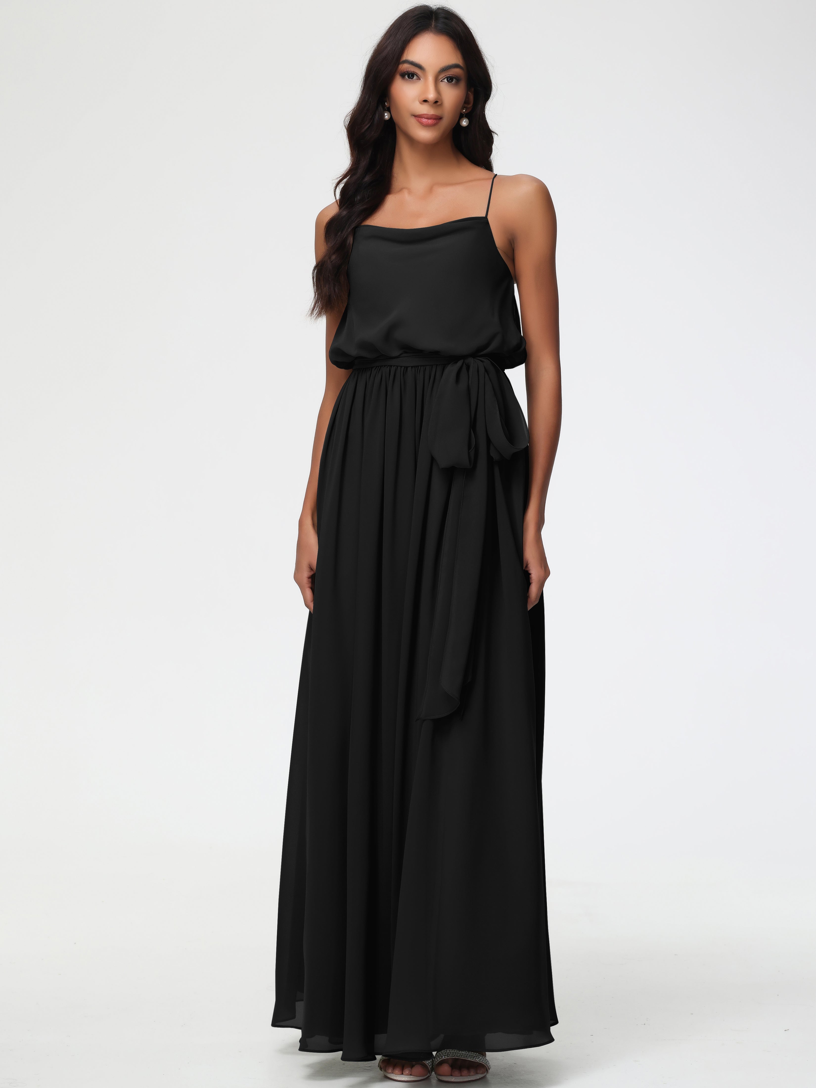 Black Chiffon Bridesmaid Dress A-Line Spaghetti Straps Cowl Back Floor