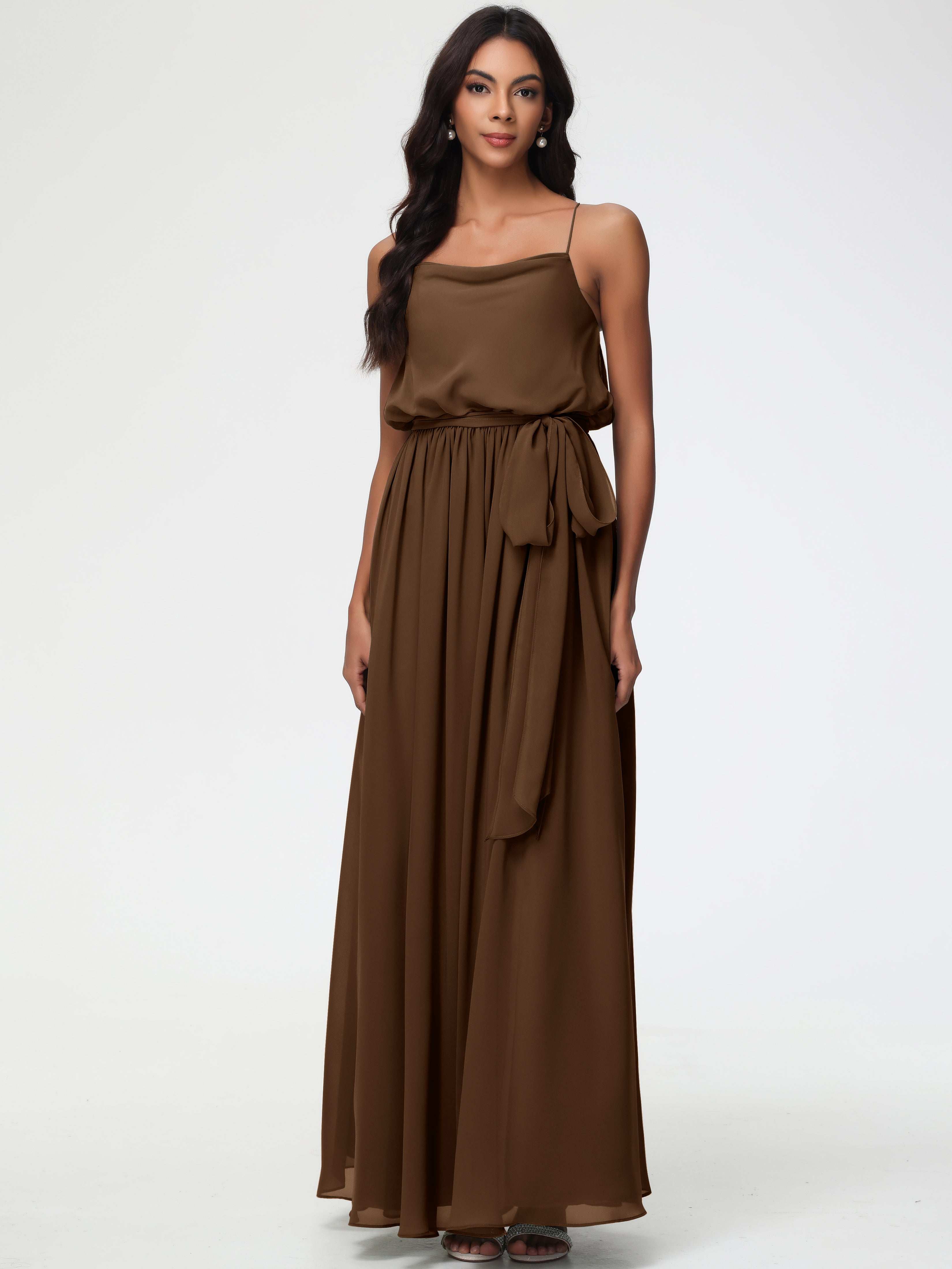 Dark Brown Bridesmaid Dresses A-Line Spaghetti Straps Cowl Back Floor Dark Brown Bridesmaid Dresses A-Line Spaghetti Straps Cowl Back Floor