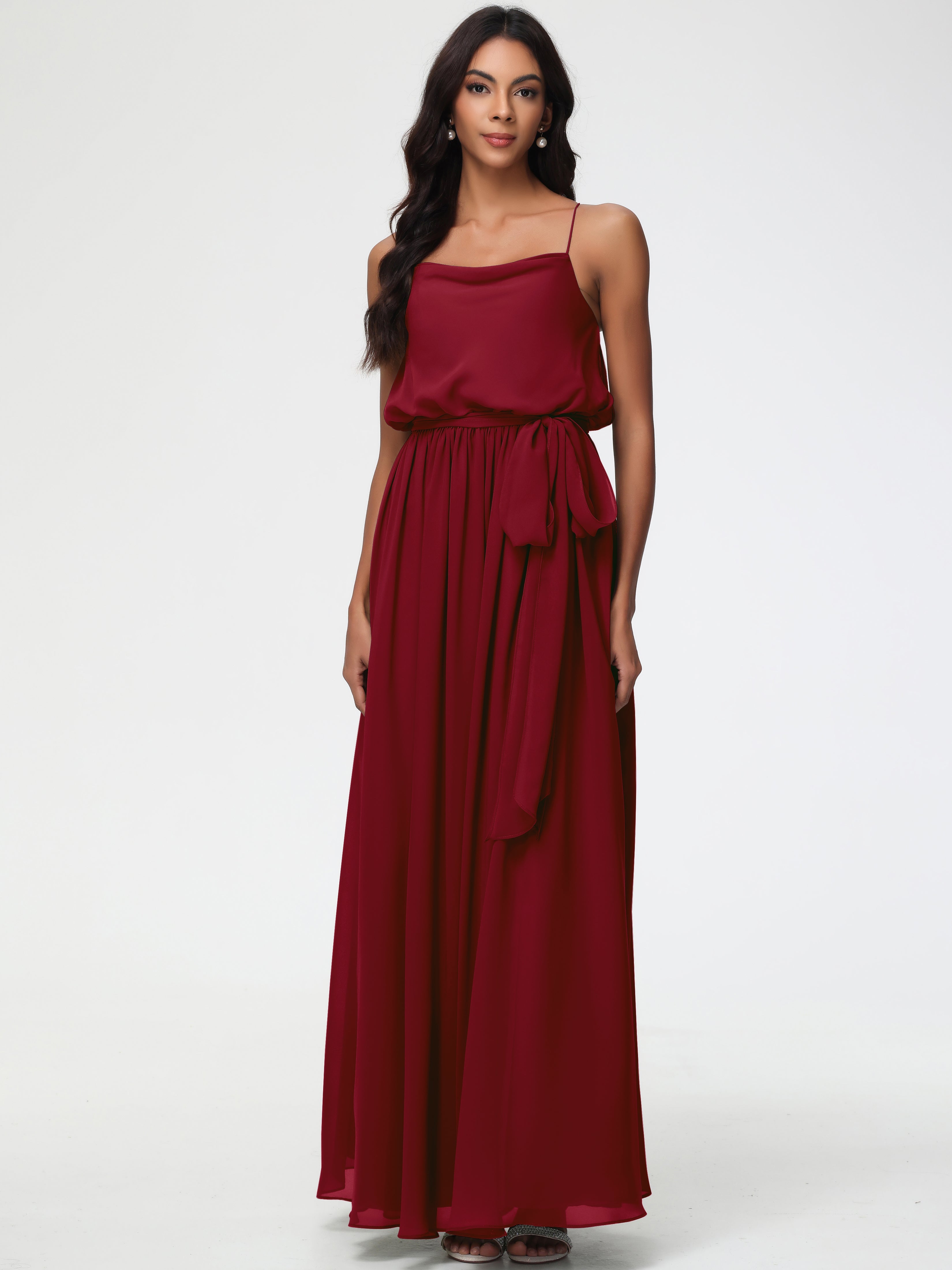 Bridesmaid Dresses Burgundy A-Line Spaghetti Straps Cowl Back Floor Length Chiffon Bridesmaid Dresses with Split and Belt Bridesmaid Dresses Burgundy A-Line Spaghetti Straps Cowl Back Floor Length Chiffon Bridesmaid Dresses with Split and Belt