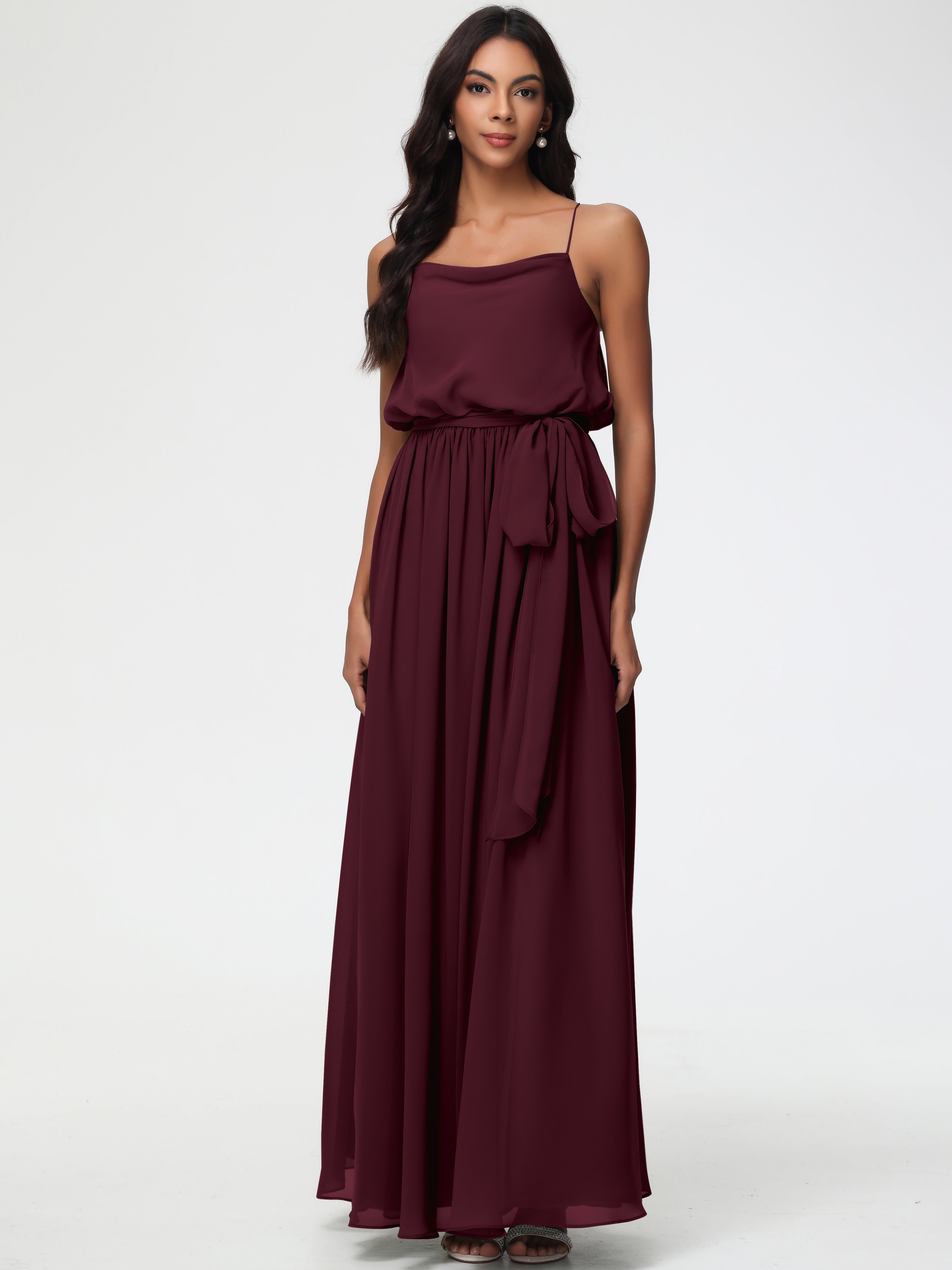 Cabernet Color Bridesmaid Dresses A-Line Spaghetti Straps Cowl Back Floor Length Chiffon Bridesmaid Dresses with Split and Belt