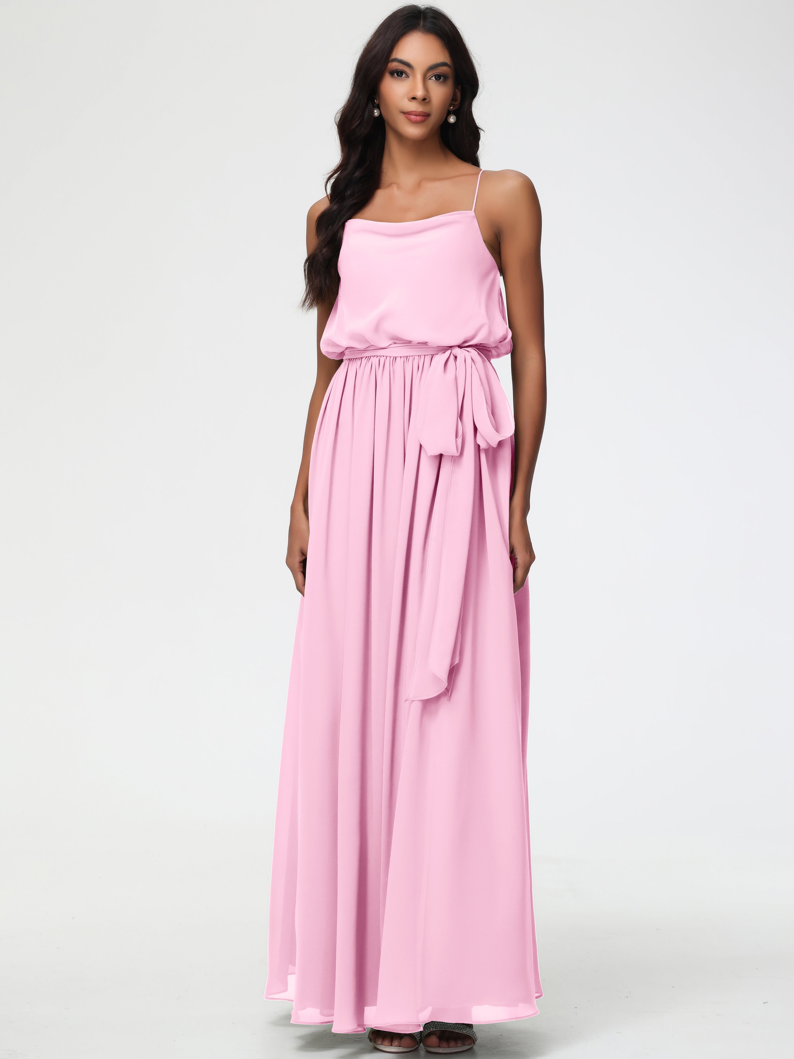 Bridesmaid Dresses Candy Pink A-Line Spaghetti Straps Cowl Back Floor