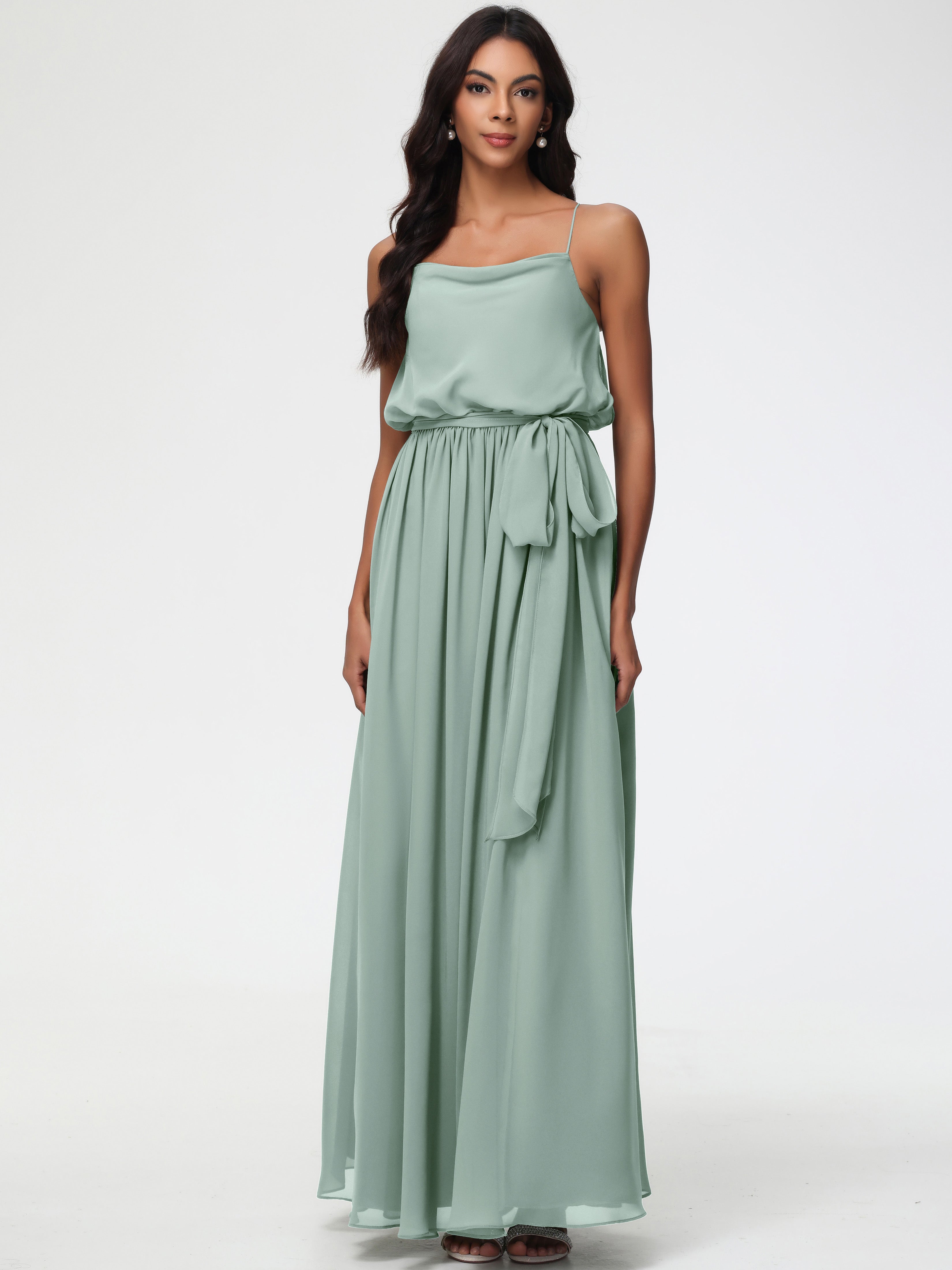 Celadon Bridesmaid Dress A-Line Spaghetti Straps Cowl Back Floor Length Chiffon Bridesmaid Dresses with Split and Belt Celadon Bridesmaid Dress A-Line Spaghetti Straps Cowl Back Floor Length Chiffon Bridesmaid Dresses with Split and Belt