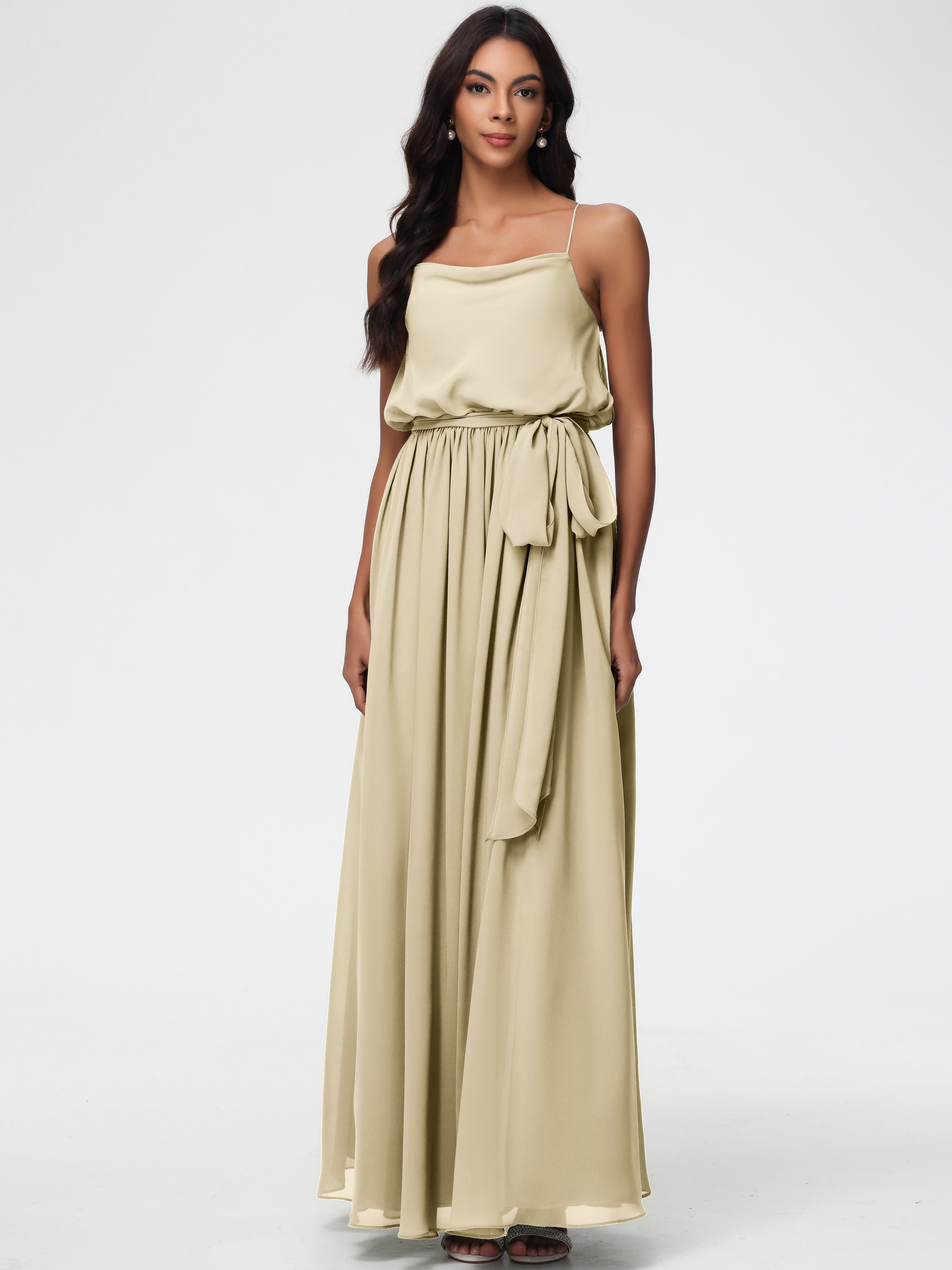 Chiffon Champagne Bridesmaid Dresses A-Line Spaghetti Straps Cowl Back Floor Length Chiffon Bridesmaid Dresses with Split and Belt Chiffon Champagne Bridesmaid Dresses A-Line Spaghetti Straps Cowl Back Floor Length Chiffon Bridesmaid Dresses with Split and Belt