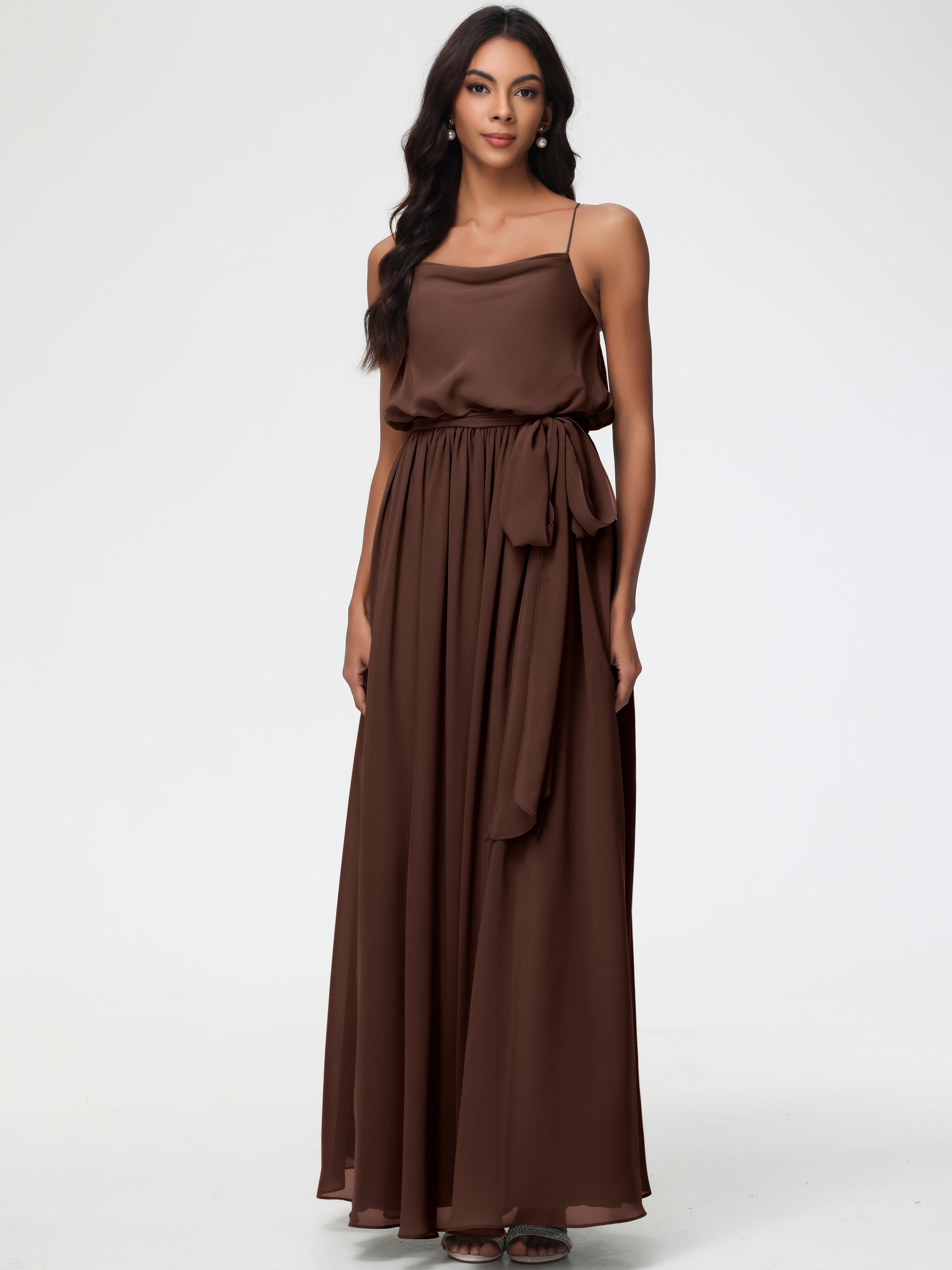 chocolate brown maid of honor dresses Bridesmaid Dresses Chocolate Brown A-Line Spaghetti Straps Cowl Back Floor Length Chiffon Bridesmaid Dresses with Split and Belt