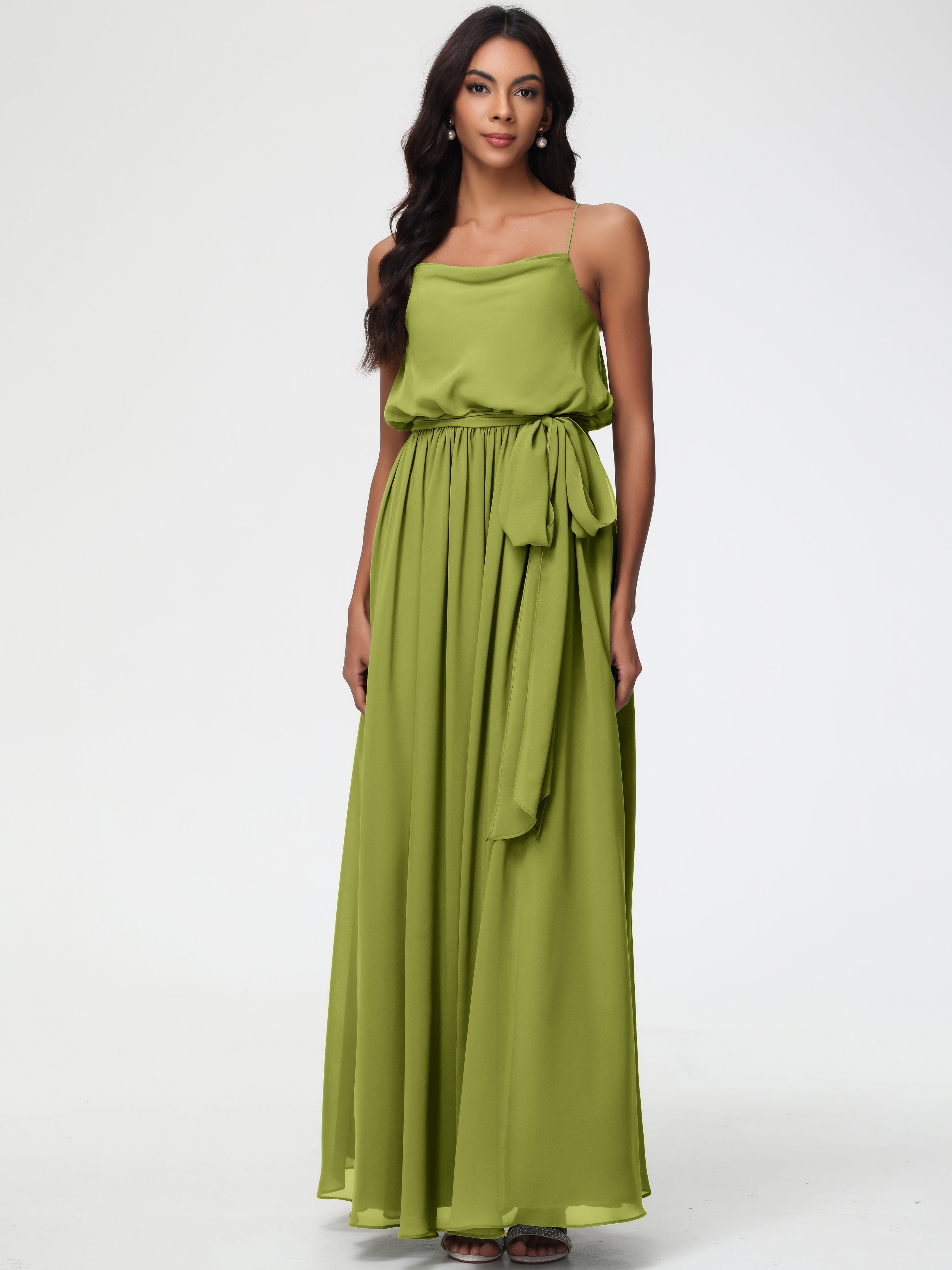 Clover Bridesmaid Dress A-Line Spaghetti Straps Cowl Back Floor Length Chiffon Bridesmaid Dresses with Split and Belt Clover Bridesmaid Dress A-Line Spaghetti Straps Cowl Back Floor Length Chiffon Bridesmaid Dresses with Split and Belt