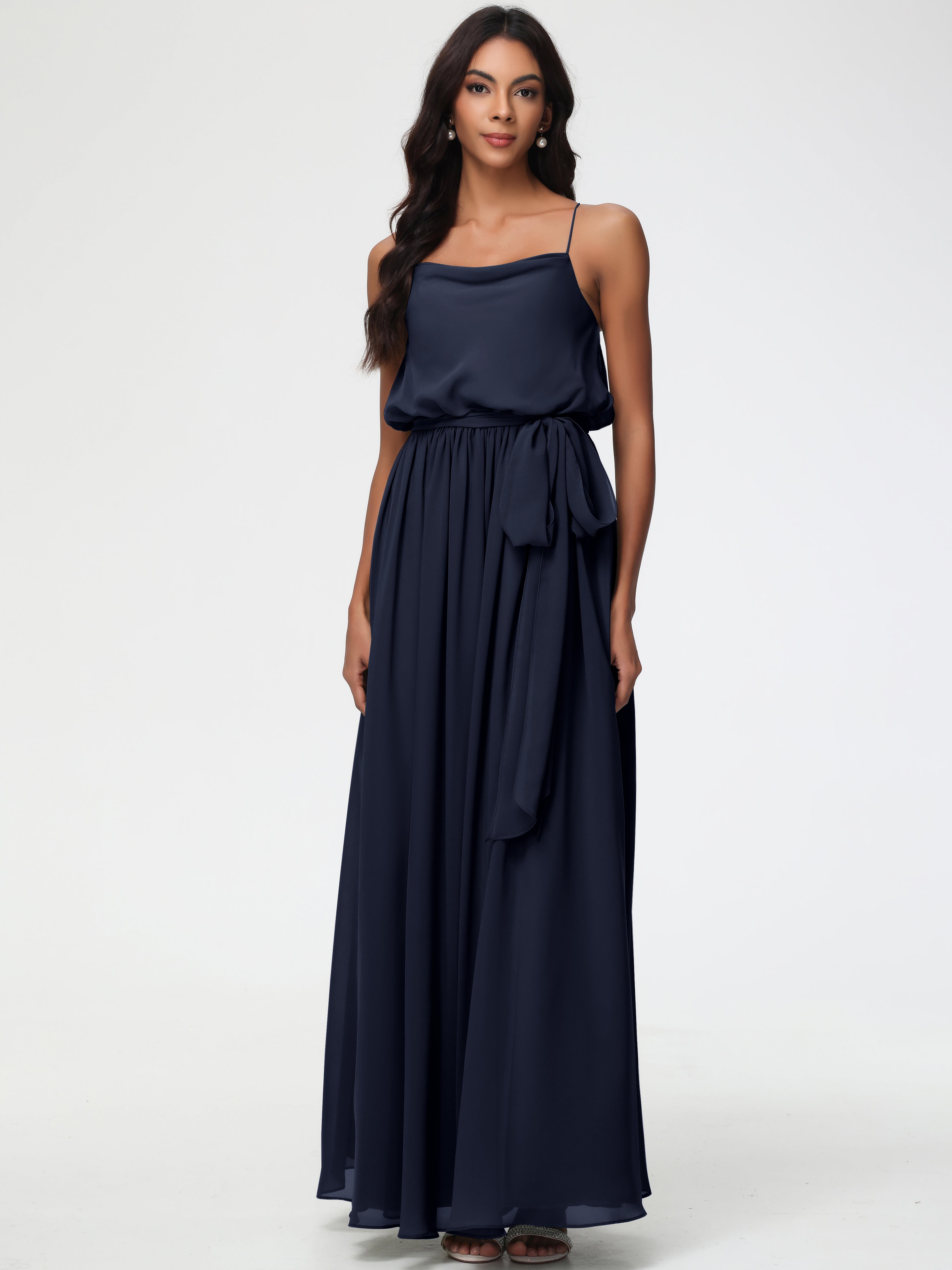 Dark Navy Blue Bridesmaid Dresses A-Line Spaghetti Straps Cowl Back Floor Length Chiffon Bridesmaid Dresses with Split and Belt Dark Navy Blue Bridesmaid Dresses A-Line Spaghetti Straps Cowl Back Floor Length Chiffon Bridesmaid Dresses with Split and Belt