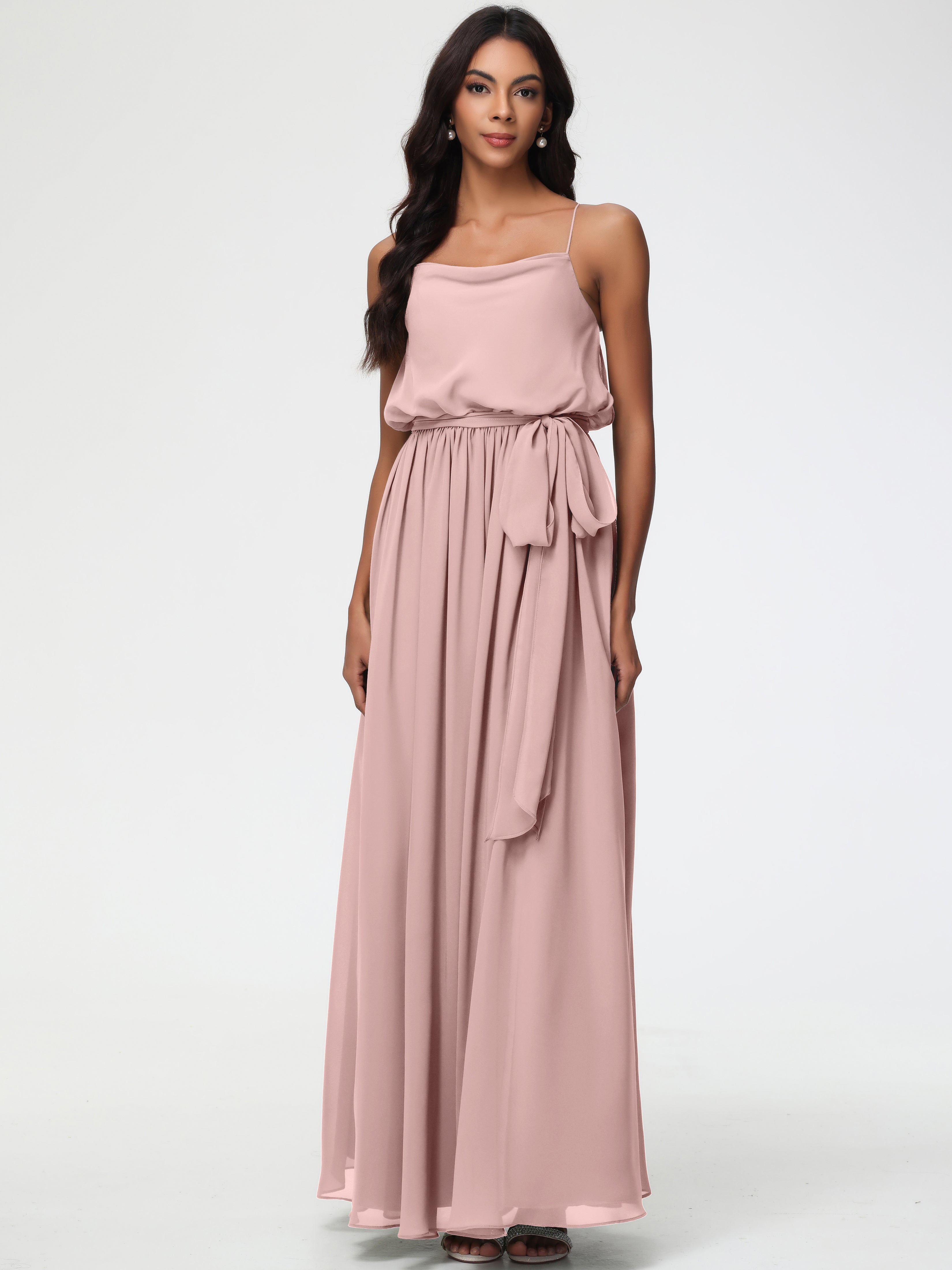 Dark Dusty Rose Bridesmaid Dresses A-Line Spaghetti Straps Cowl Back Floor Length Chiffon Bridesmaid Dresses with Split and Belt Dark Dusty Rose Bridesmaid Dresses A-Line Spaghetti Straps Cowl Back Floor Length Chiffon Bridesmaid Dresses with Split and Belt