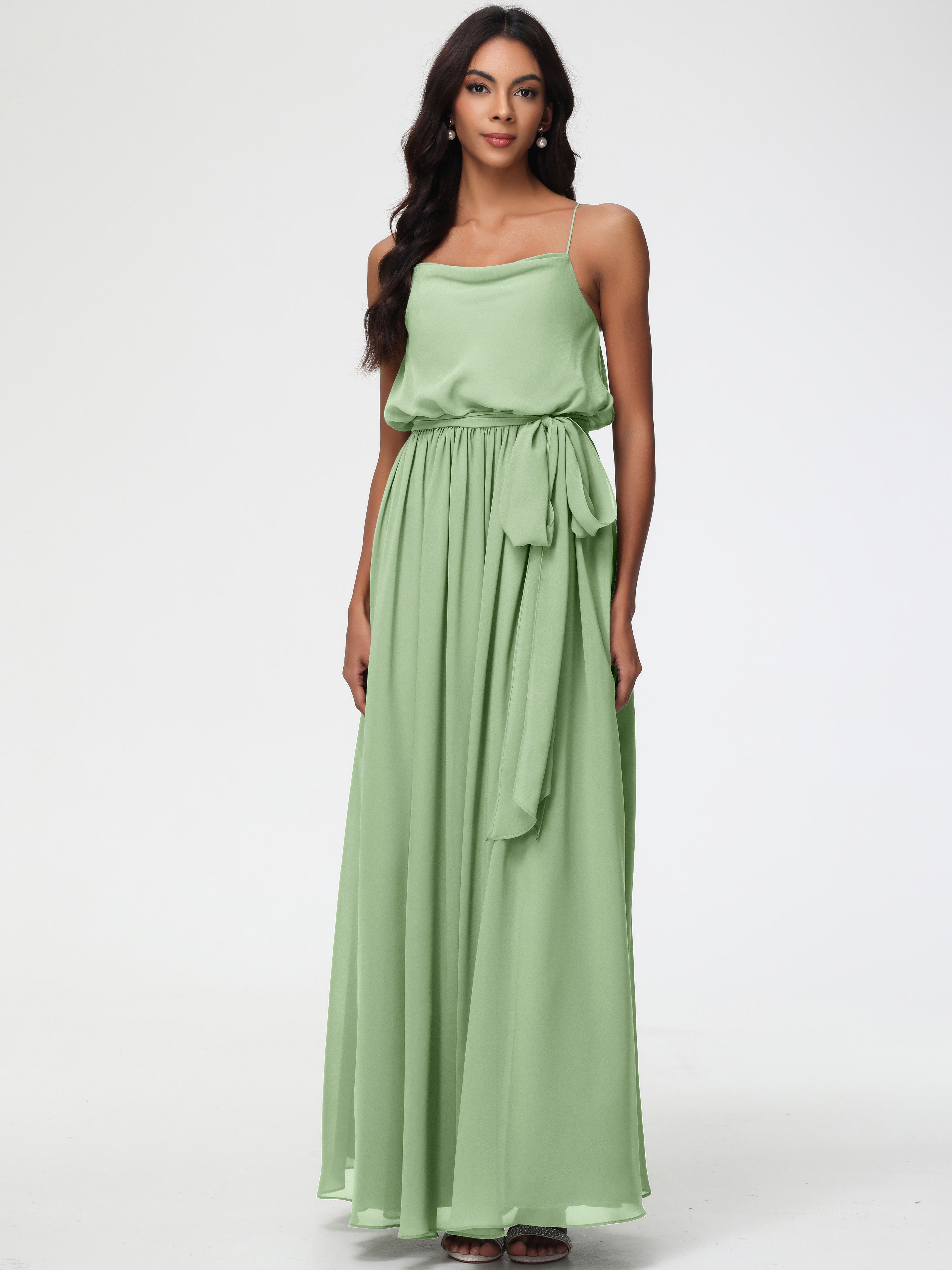 Dusty Sage Green Bridesmaid Dresses A-Line Spaghetti Straps Cowl Back Floor Length Chiffon Bridesmaid Dresses with Split and Belt Dusty Sage Green Bridesmaid Dresses A-Line Spaghetti Straps Cowl Back Floor Length Chiffon Bridesmaid Dresses with Split and Belt