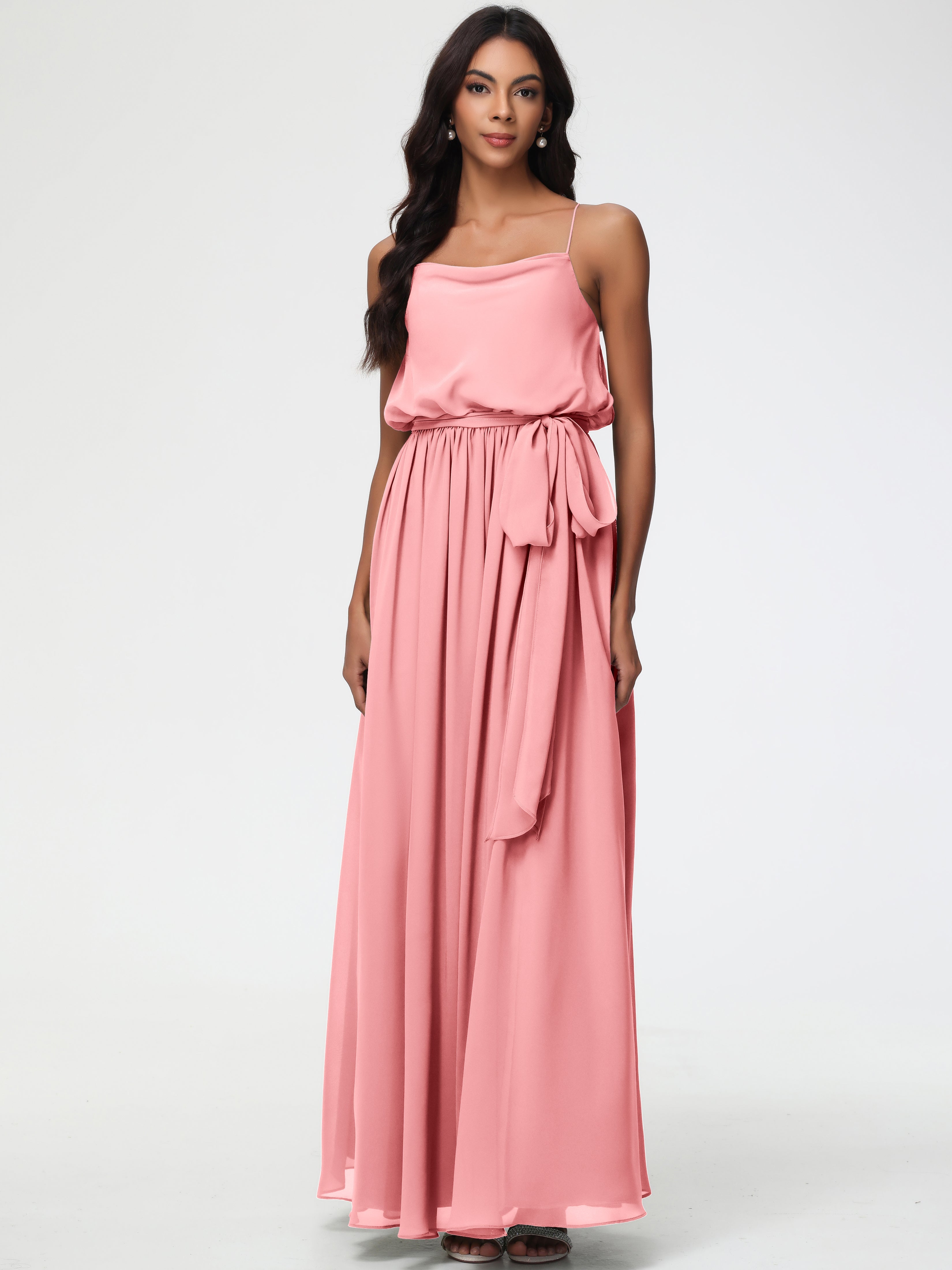 Flamingo Bridesmaid Dress A-Line Spaghetti Straps Cowl Back Floor Length Chiffon Bridesmaid Dresses with Split and Belt Flamingo Bridesmaid Dress A-Line Spaghetti Straps Cowl Back Floor Length Chiffon Bridesmaid Dresses with Split and Belt