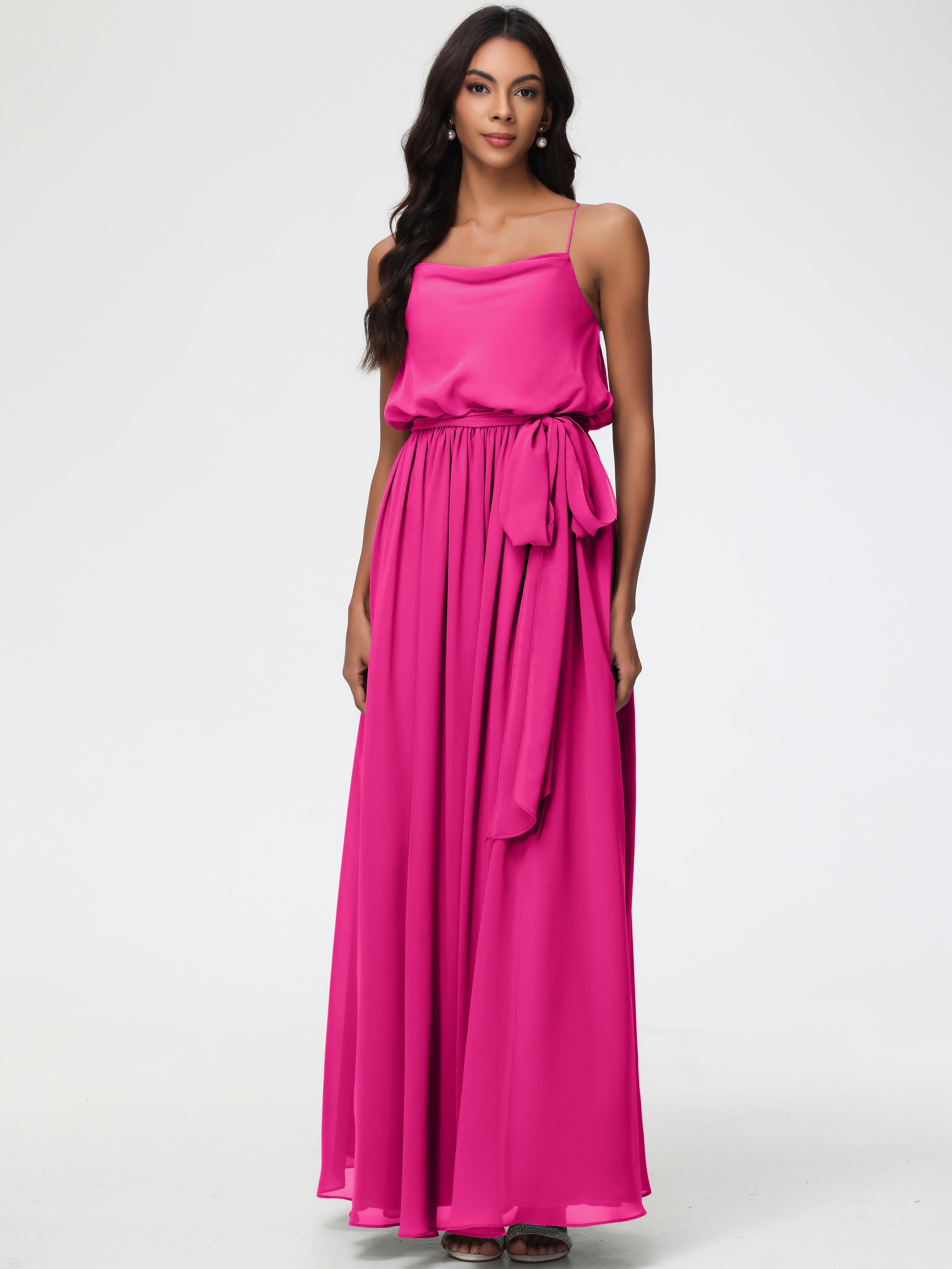 Fuchsia Pink Bridesmaid Dresses A-Line Spaghetti Straps Cowl Back Floor Length Chiffon Bridesmaid Dresses with Split and Belt Fuchsia Pink Bridesmaid Dresses A-Line Spaghetti Straps Cowl Back Floor Length Chiffon Bridesmaid Dresses with Split and Belt