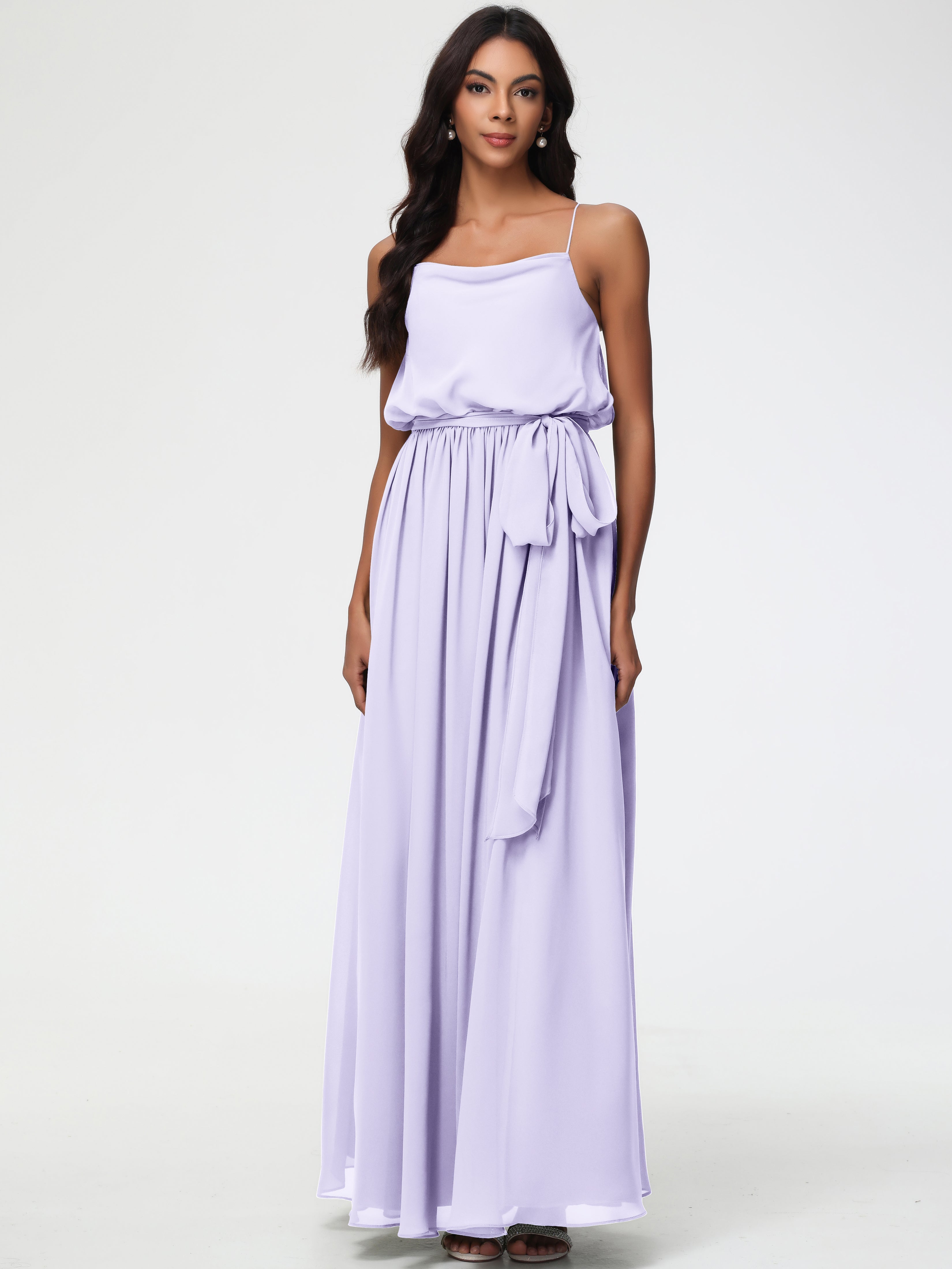 Bridesmaid Dress Lilac A-Line Spaghetti Straps Cowl Back Floor Length Chiffon Bridesmaid Dresses with Split and Belt Bridesmaid Dress Lilac A-Line Spaghetti Straps Cowl Back Floor Length Chiffon Bridesmaid Dresses with Split and Belt