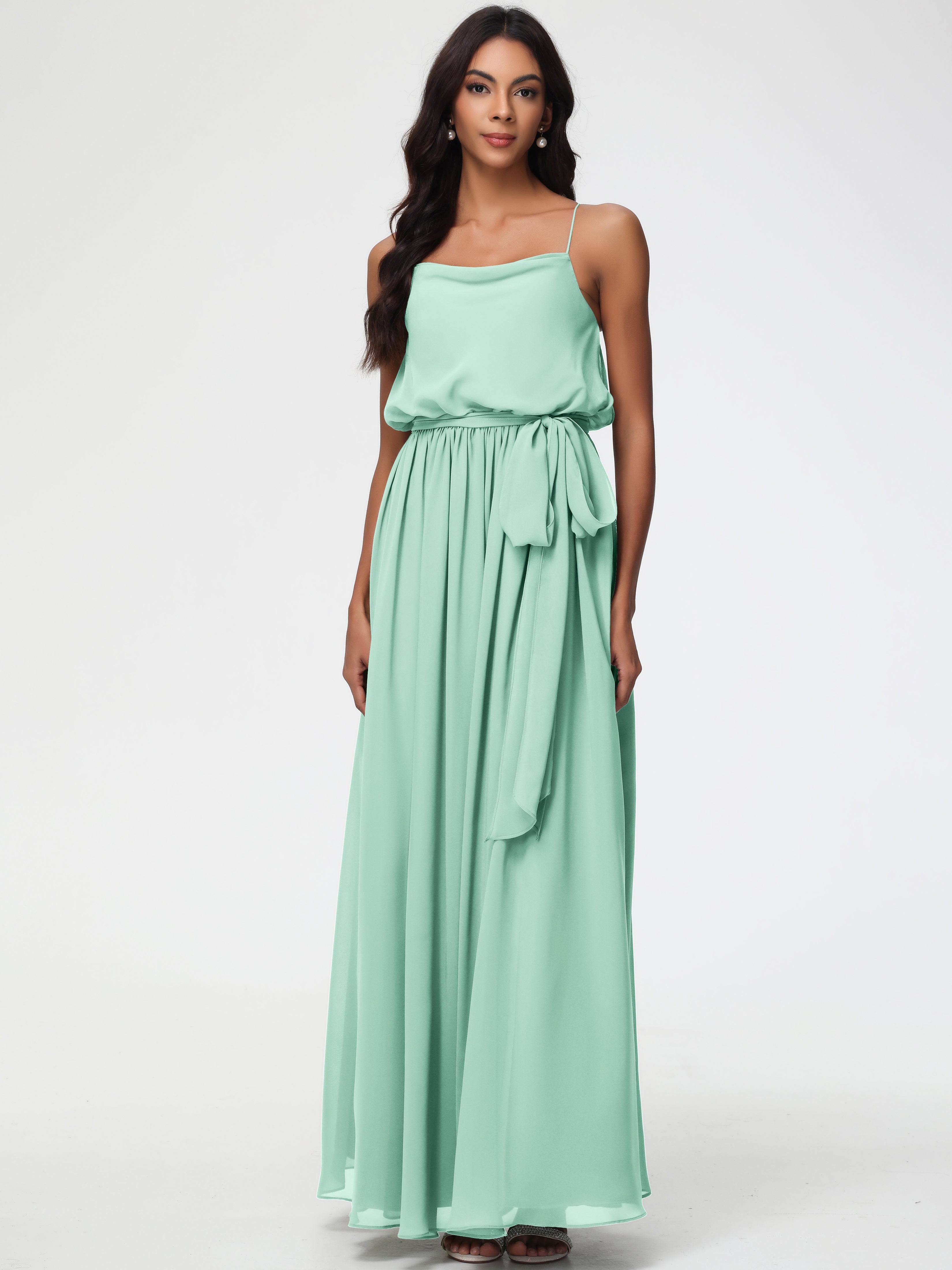 Bridesmaid Dress Mint Green A-Line Spaghetti Straps Cowl Back Floor Length Chiffon Bridesmaid Dresses with Split and Belt Bridesmaid Dress Mint Green A-Line Spaghetti Straps Cowl Back Floor Length Chiffon Bridesmaid Dresses with Split and Belt