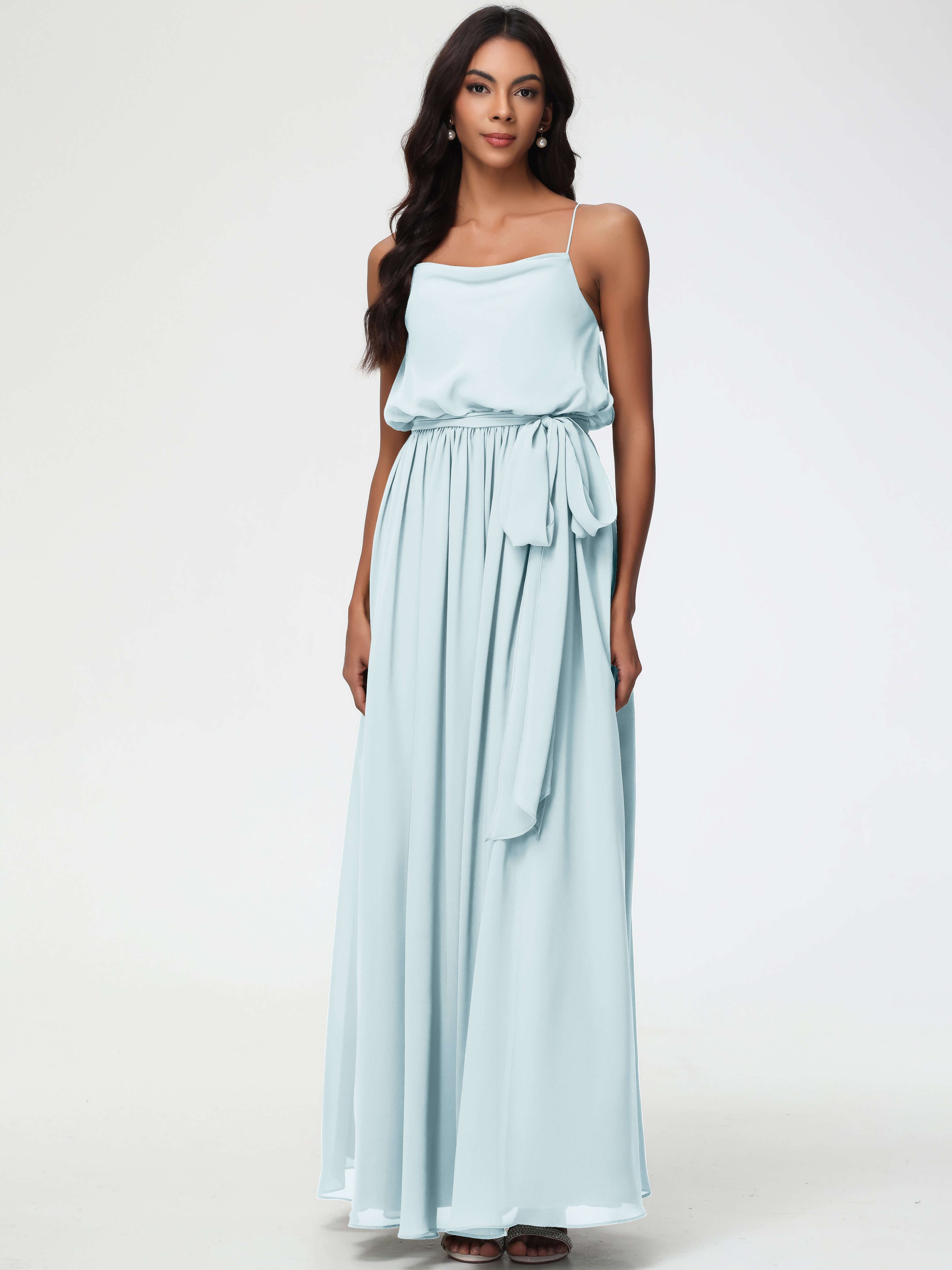 Mist Bridesmaid Dress A-Line Spaghetti Straps Cowl Back Floor Length Chiffon Bridesmaid Dresses with Split and Belt Mist Bridesmaid Dress A-Line Spaghetti Straps Cowl Back Floor Length Chiffon Bridesmaid Dresses with Split and Belt