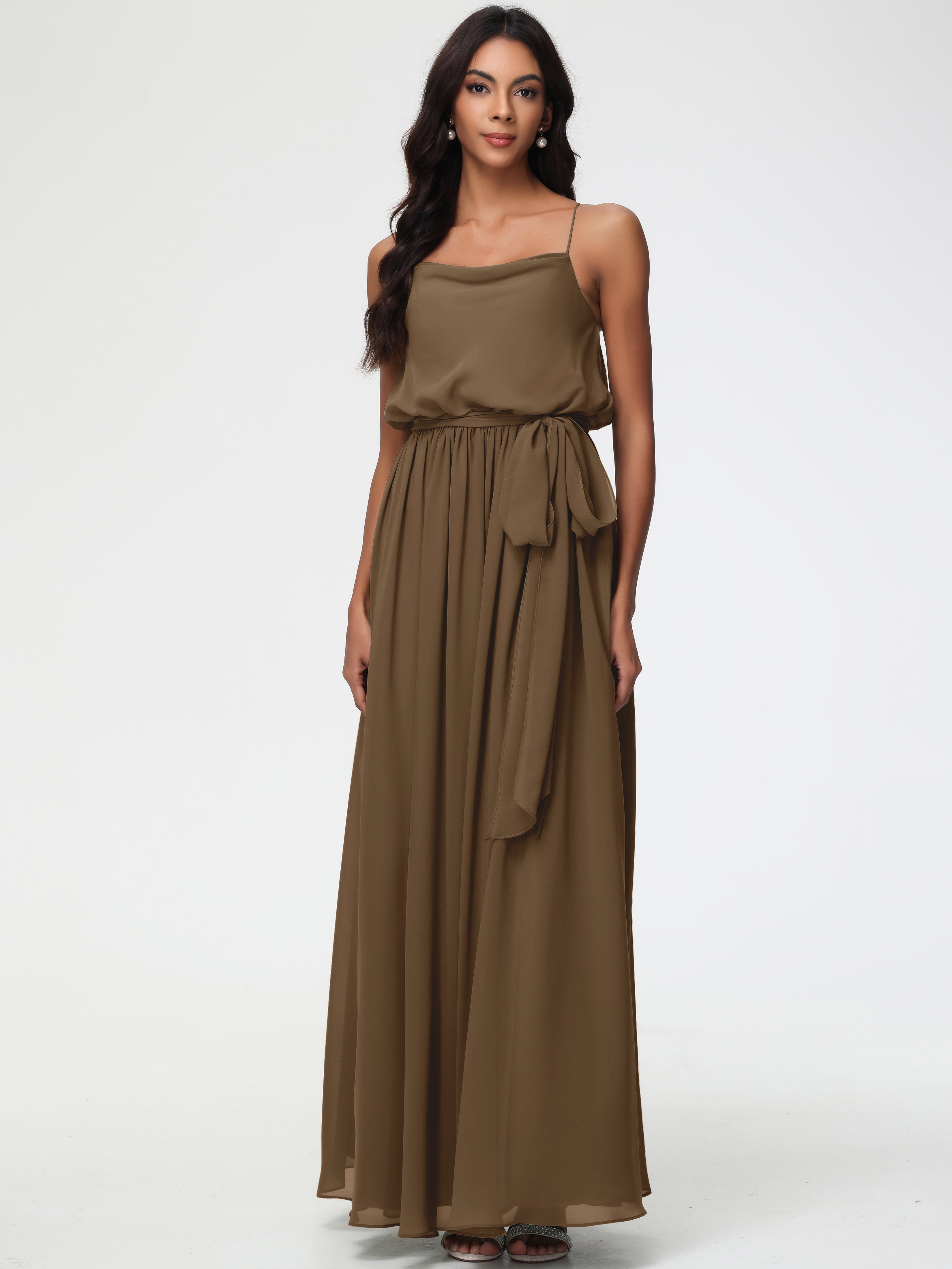 mocha color bridesmaid dresses Mocha Colour Bridesmaid Dresses A-Line Spaghetti Straps Cowl Back Floor Length Chiffon Bridesmaid Dresses with Split and Belt