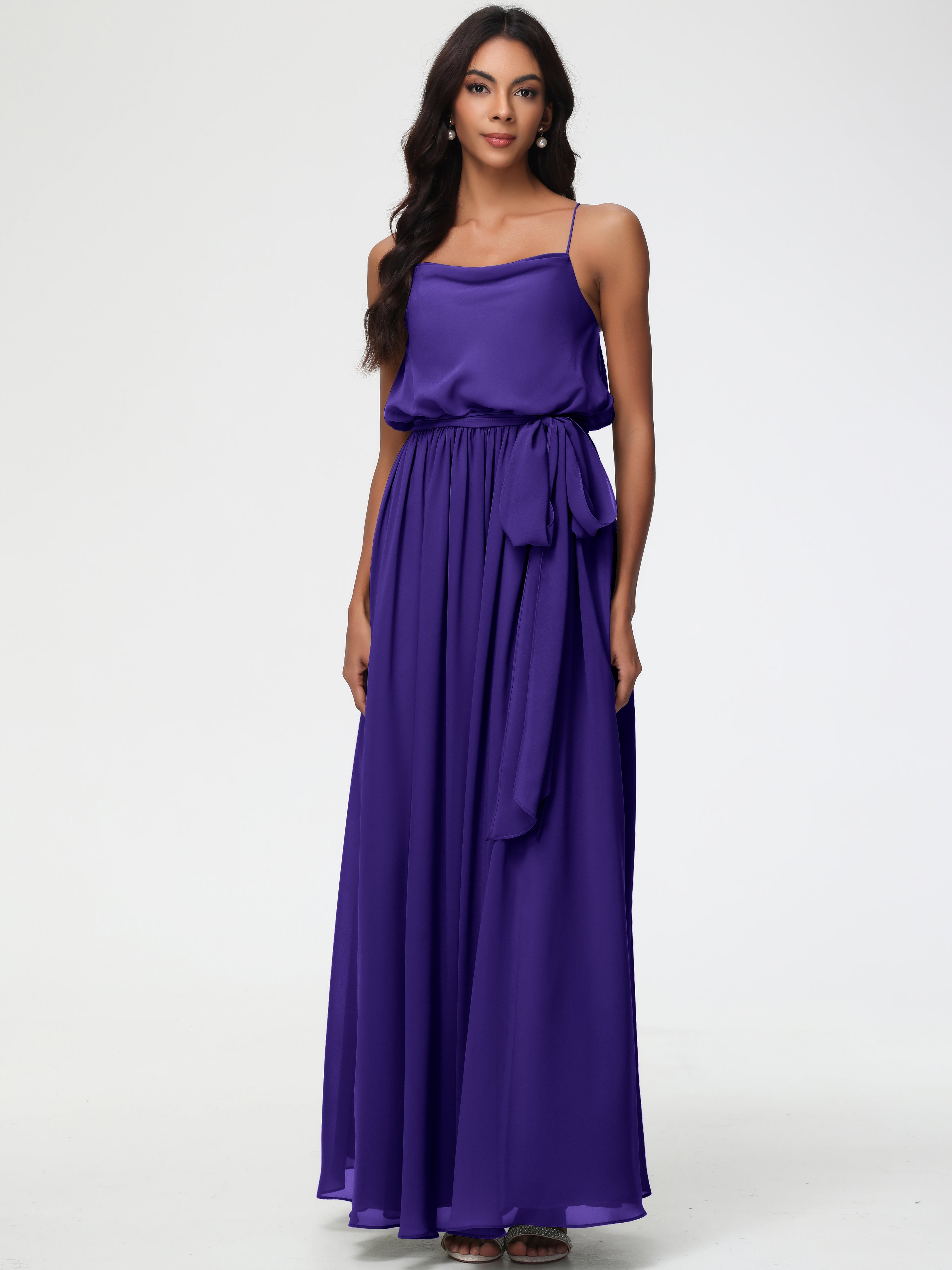 Regency Purple Bridesmaid Dresses A-Line Spaghetti Straps Cowl Back Floor Length Chiffon Bridesmaid Dresses with Split and Belt Regency Purple Bridesmaid Dresses A-Line Spaghetti Straps Cowl Back Floor Length Chiffon Bridesmaid Dresses with Split and Belt