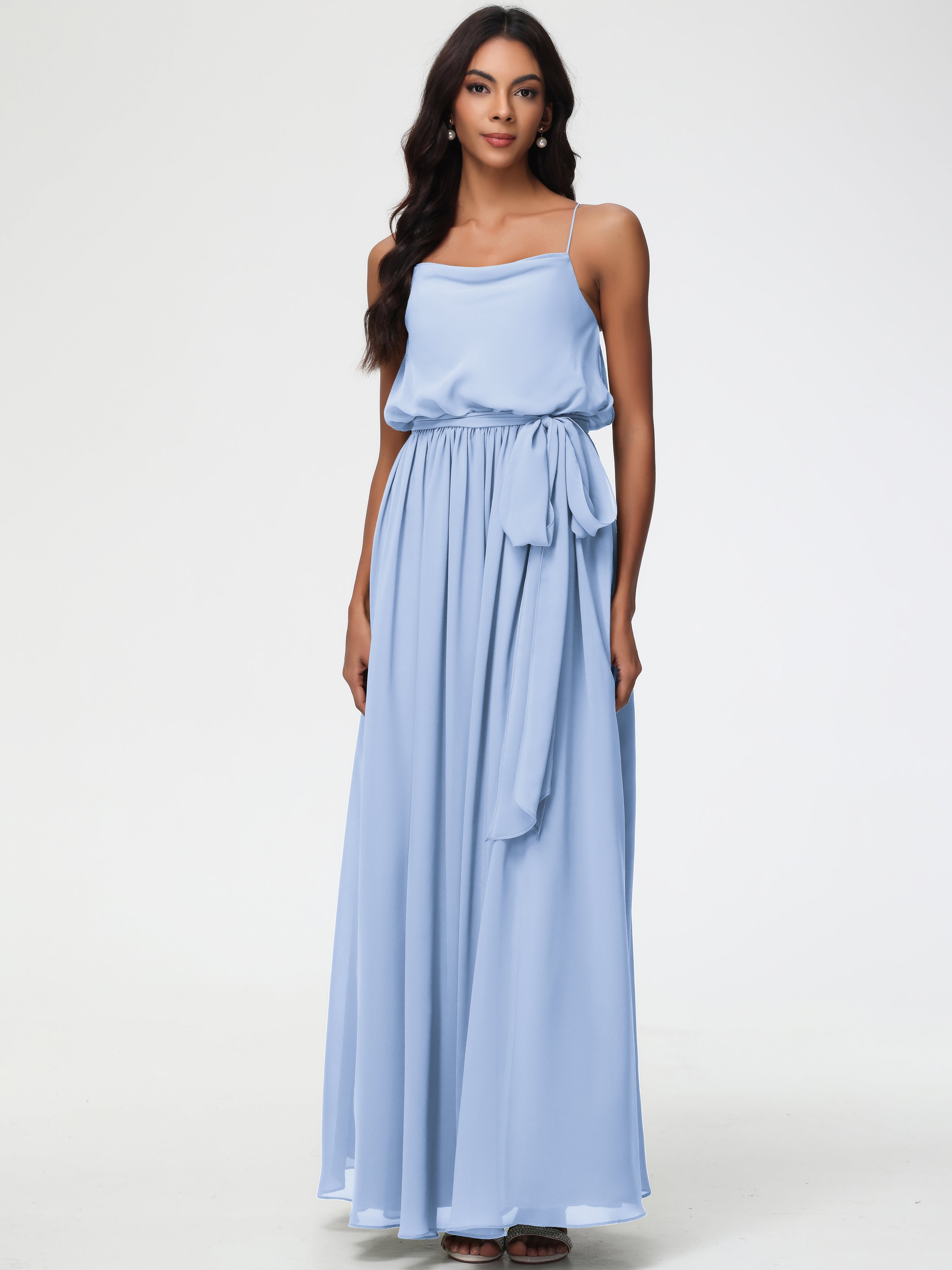 Wedding Sky Blue Bridesmaid Dresses A-Line Spaghetti Straps Cowl Back Floor Length Chiffon Bridesmaid Dresses with Split and Belt Wedding Sky Blue Bridesmaid Dresses A-Line Spaghetti Straps Cowl Back Floor Length Chiffon Bridesmaid Dresses with Split and Belt
