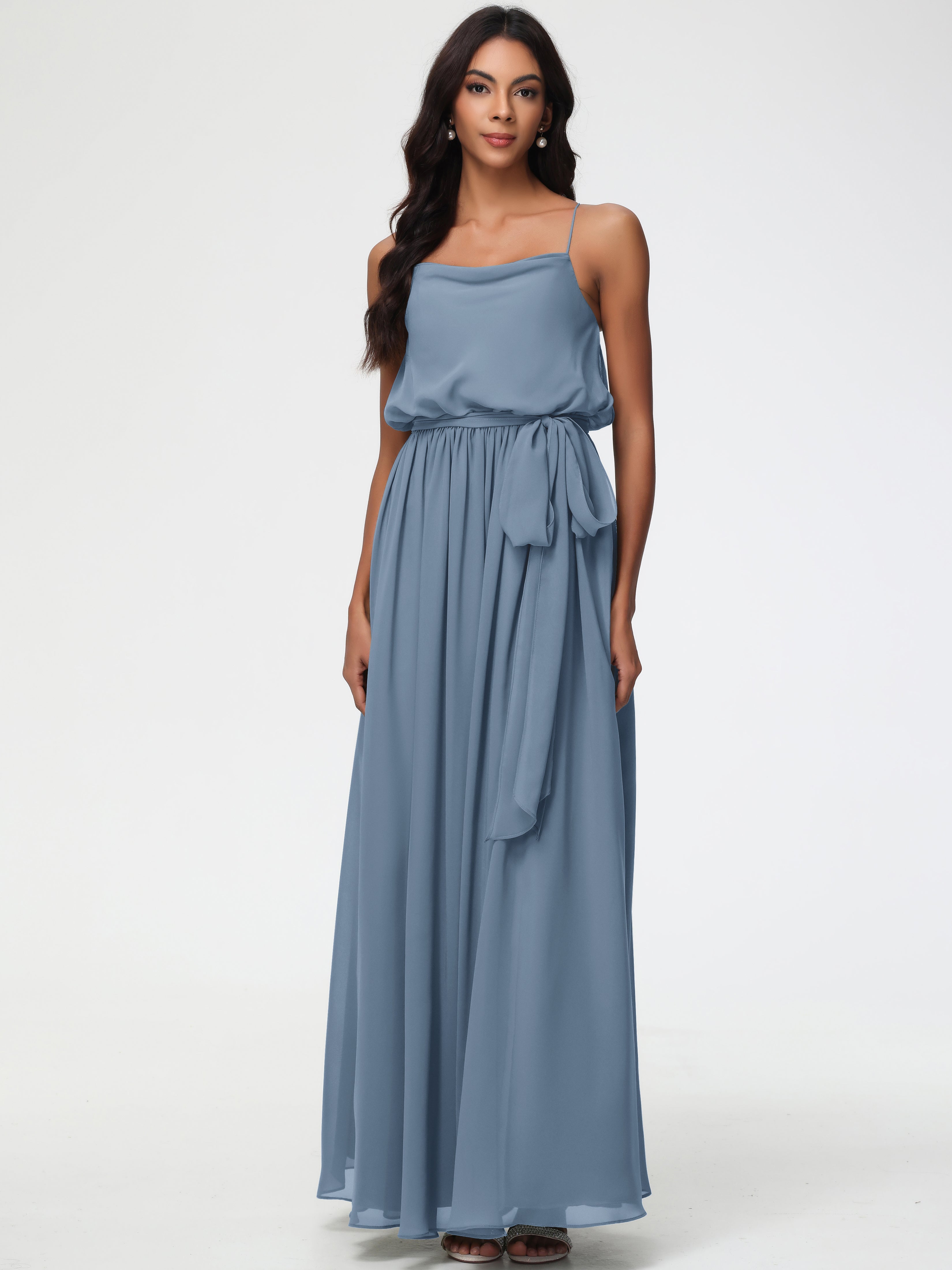 Bridesmaid Dresses Slate Blue A-Line Spaghetti Straps Cowl Back Floor Length Chiffon Bridesmaid Dresses with Split and Belt Bridesmaid Dresses Slate Blue A-Line Spaghetti Straps Cowl Back Floor Length Chiffon Bridesmaid Dresses with Split and Belt