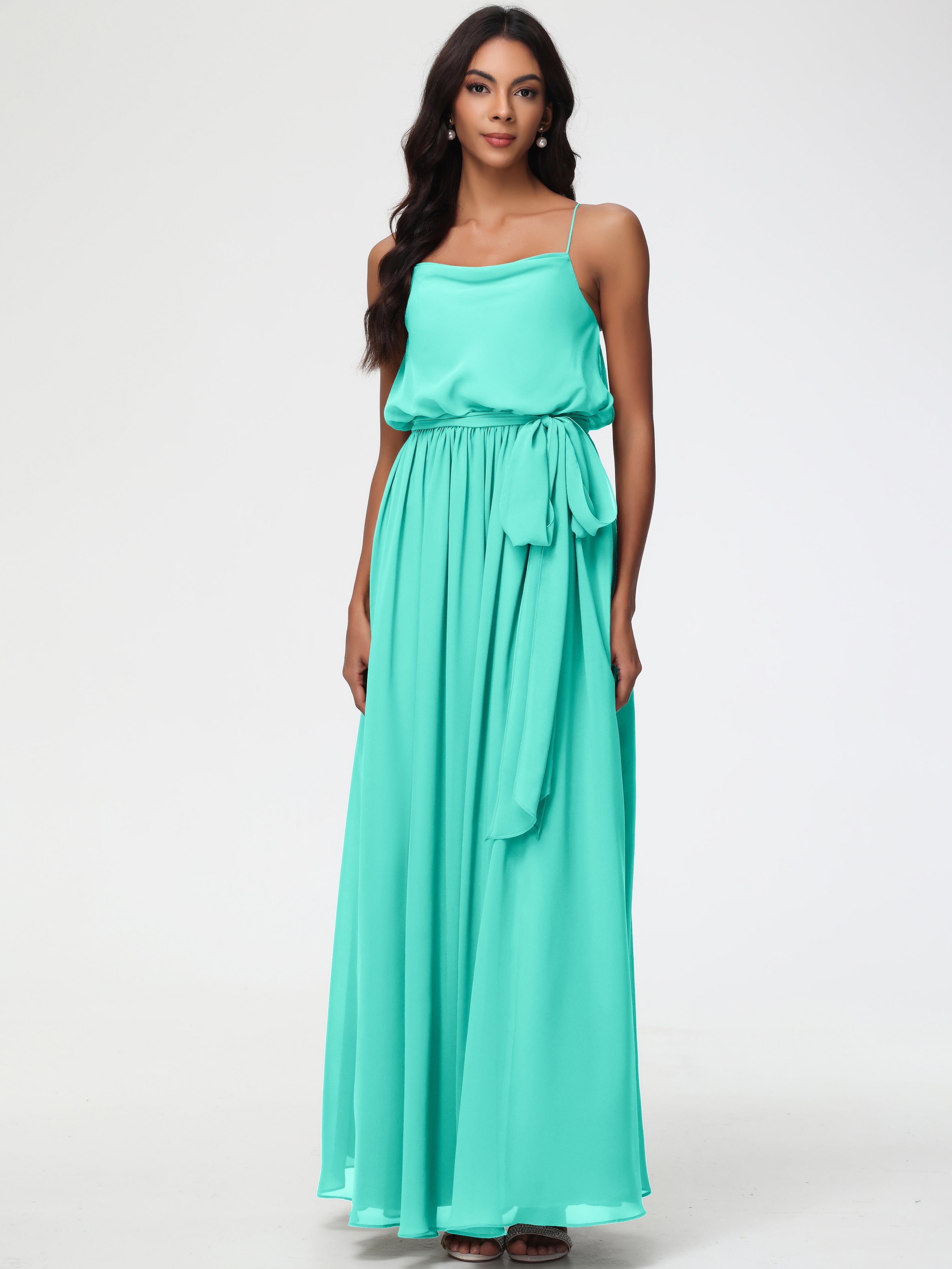 Spa Colored Bridesmaid Dresses A-Line Spaghetti Straps Cowl Back Floor Length Chiffon Bridesmaid Dresses with Split and Belt Spa Colored Bridesmaid Dresses A-Line Spaghetti Straps Cowl Back Floor Length Chiffon Bridesmaid Dresses with Split and Belt
