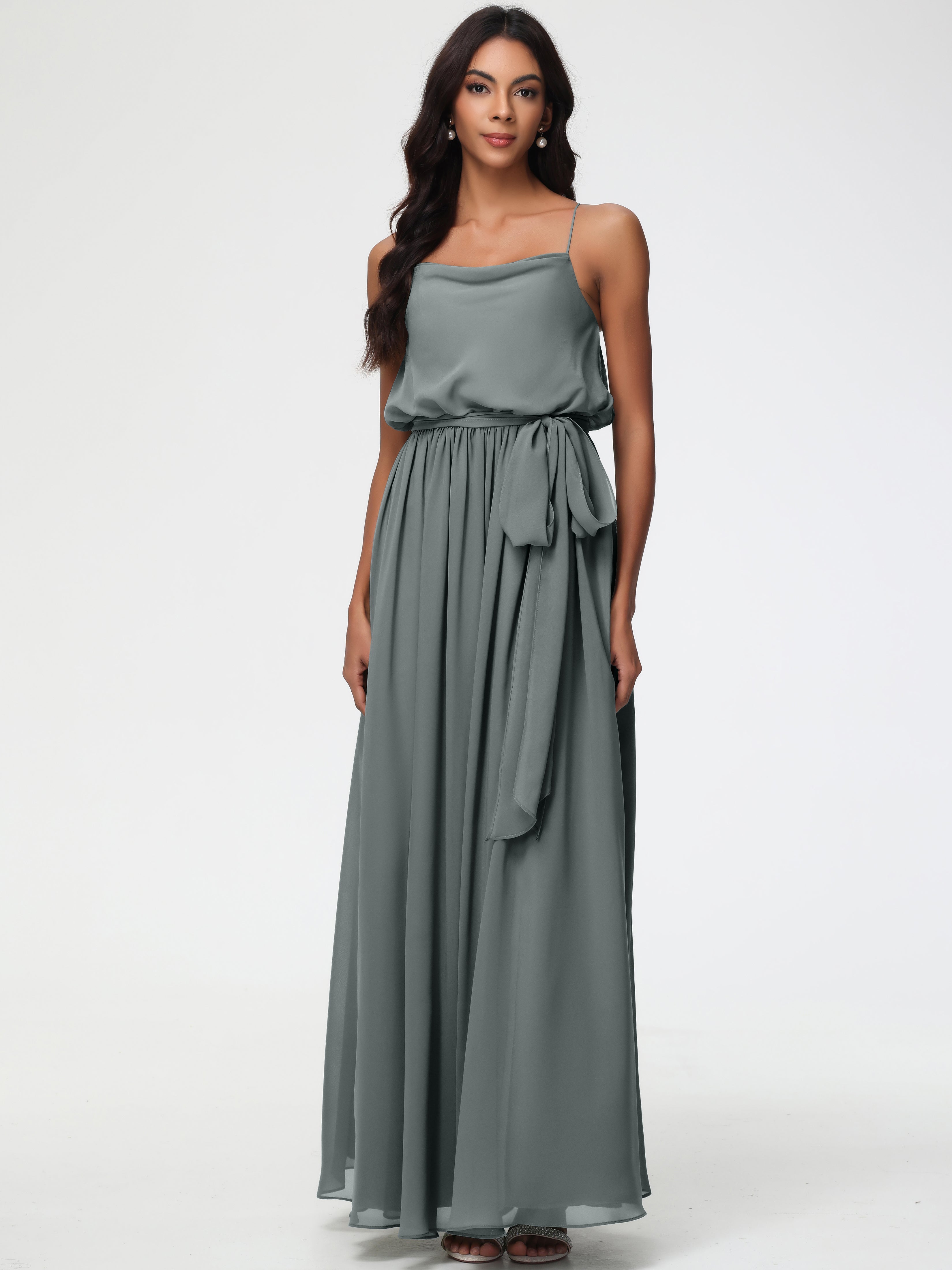 Steel Blue Grey Bridesmaid Dresses A-Line Spaghetti Straps Cowl Back Floor Length Chiffon Bridesmaid Dresses with Split and Belt Steel Blue Grey Bridesmaid Dresses A-Line Spaghetti Straps Cowl Back Floor Length Chiffon Bridesmaid Dresses with Split and Belt