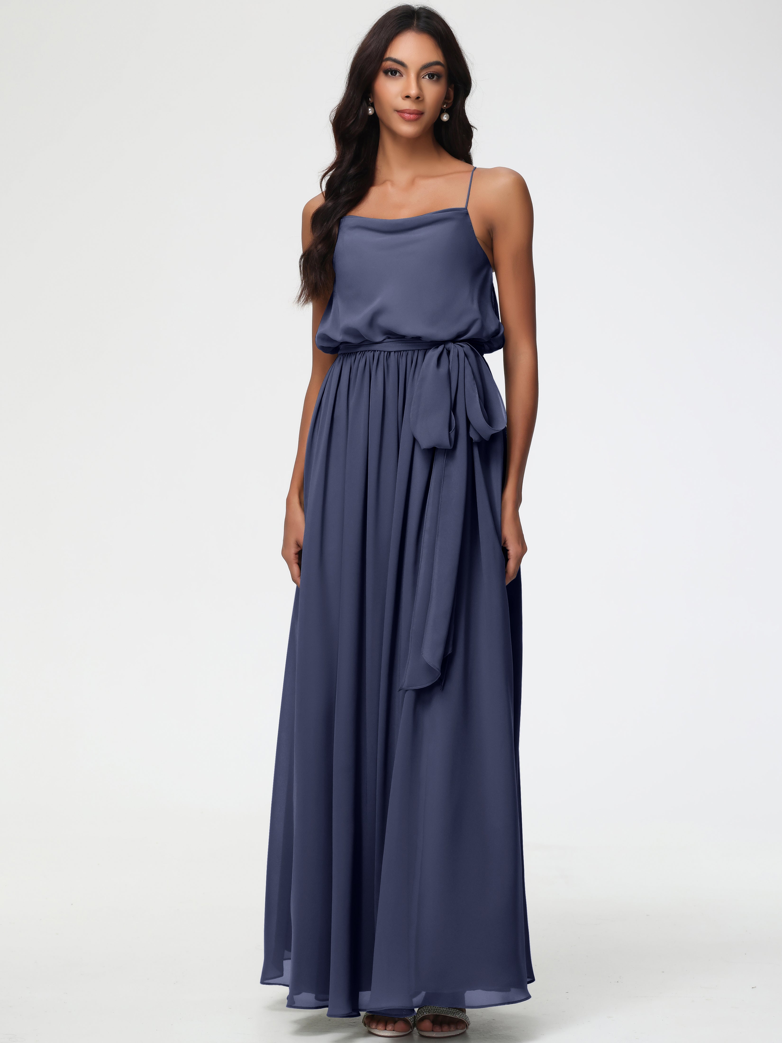 Bridesmaid Dresses Stormy Blue A-Line Spaghetti Straps Cowl Back Floor Length Chiffon Bridesmaid Dresses with Split and Belt Bridesmaid Dresses Stormy Blue A-Line Spaghetti Straps Cowl Back Floor Length Chiffon Bridesmaid Dresses with Split and Belt