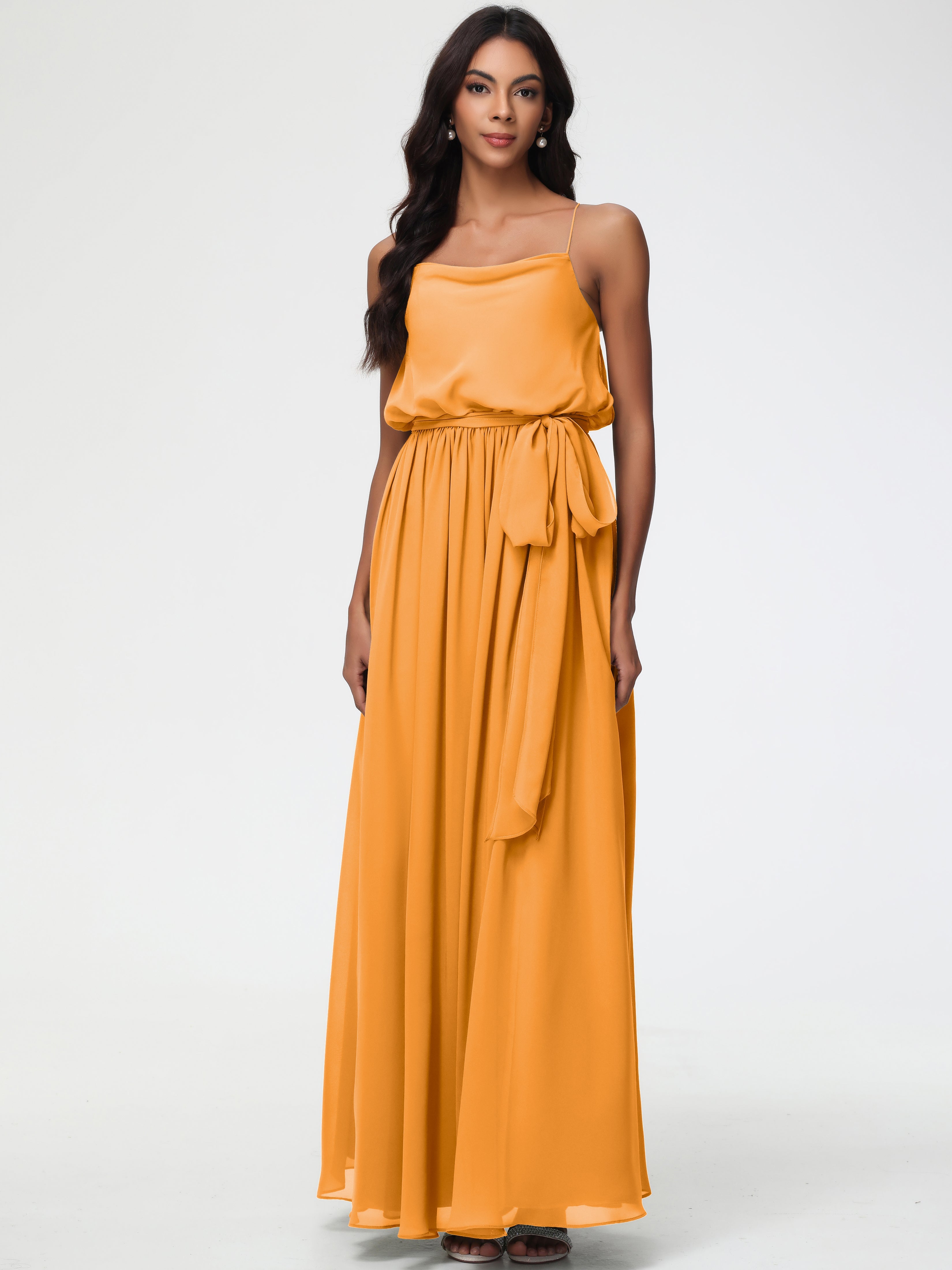 Tangerine Bridesmaid Dresses A-Line Spaghetti Straps Cowl Back Floor Length Chiffon Bridesmaid Dresses with Split and Belt Tangerine Bridesmaid Dresses A-Line Spaghetti Straps Cowl Back Floor Length Chiffon Bridesmaid Dresses with Split and Belt