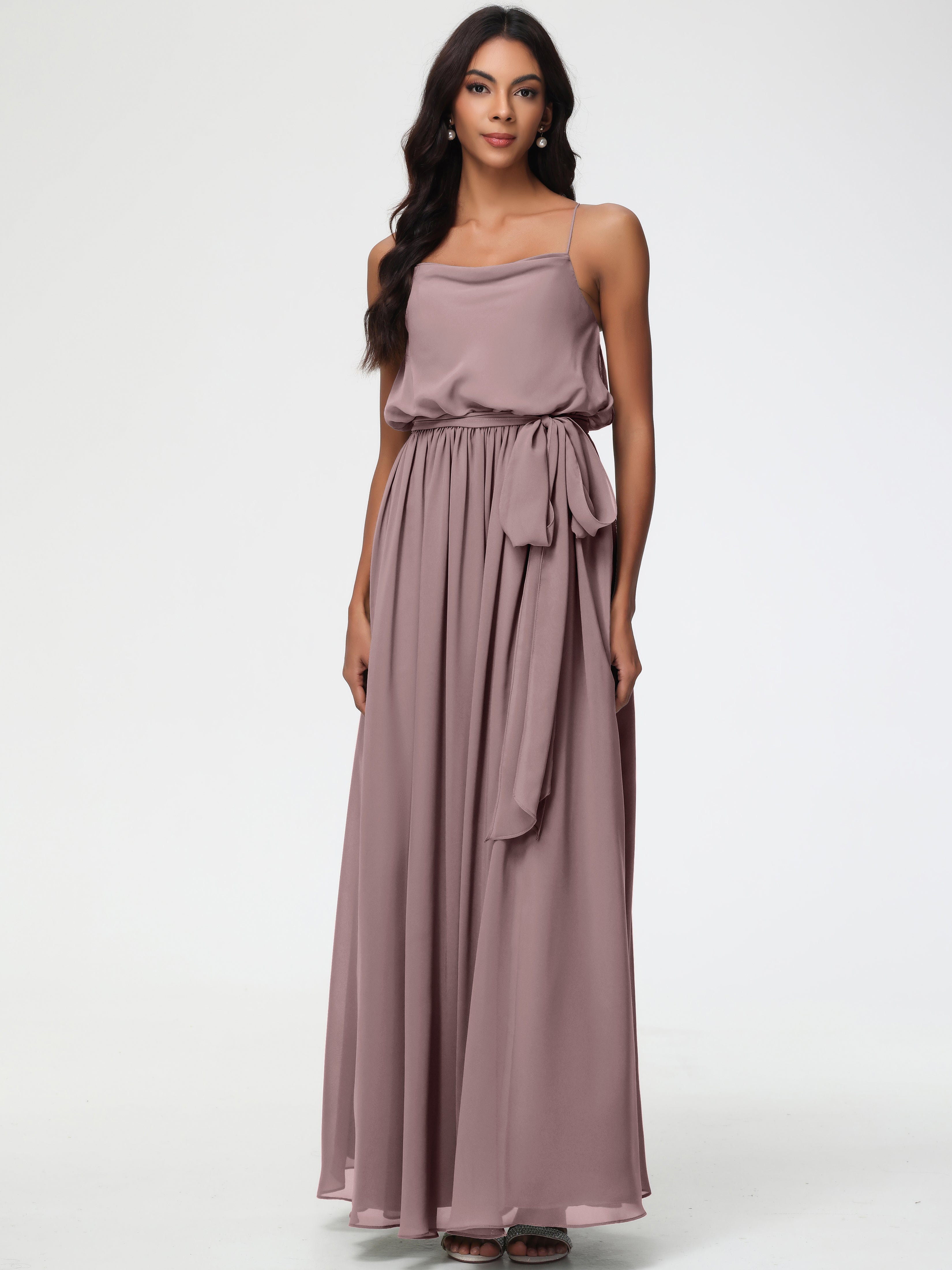 Vintage Style Bridesmaid Dresses A-Line Spaghetti Straps Cowl Back Floor Length Chiffon Bridesmaid Dresses with Split and Belt Vintage Style Bridesmaid Dresses A-Line Spaghetti Straps Cowl Back Floor Length Chiffon Bridesmaid Dresses with Split and Belt