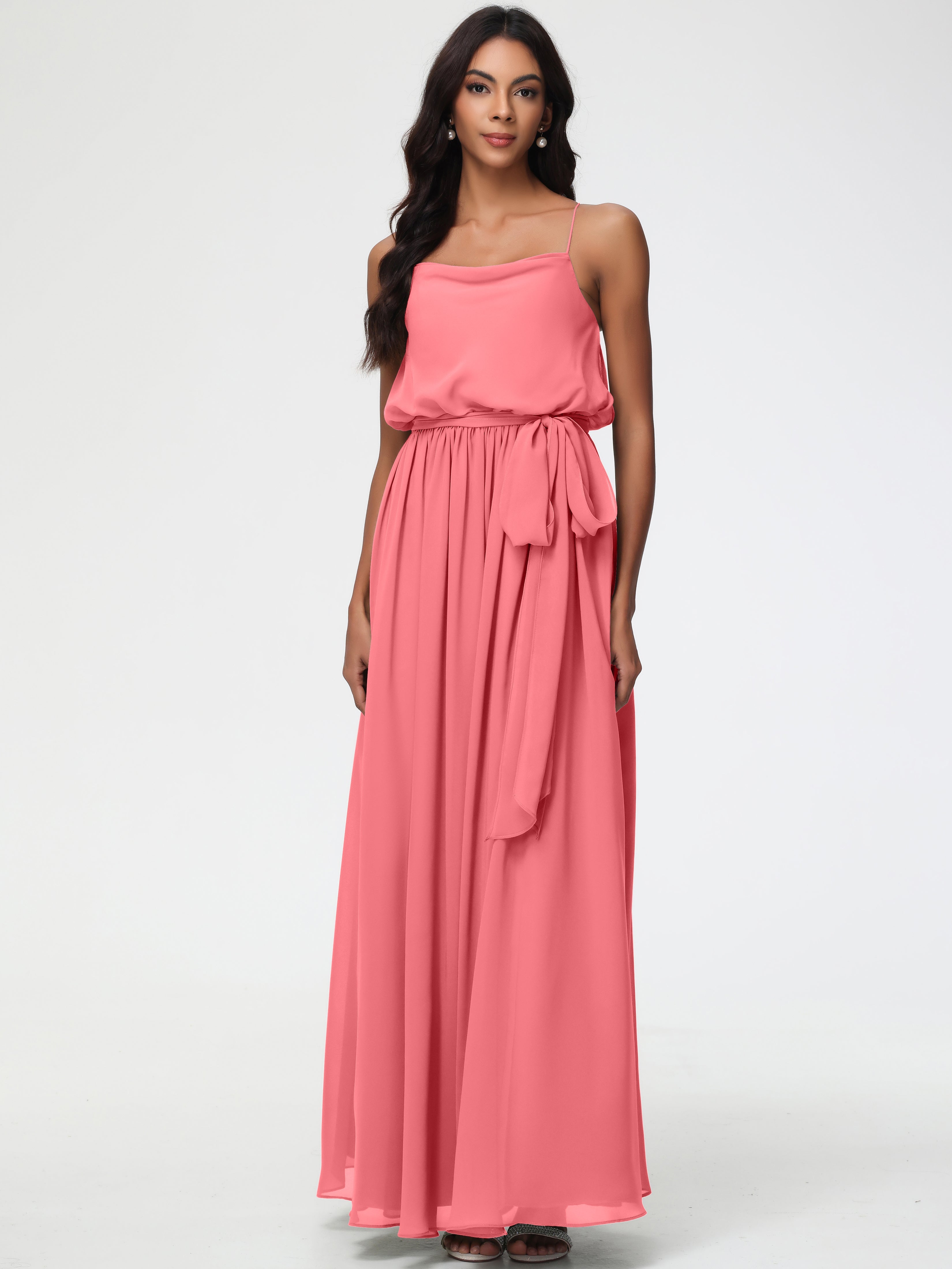 watermelon bridesmaid dress Watermelon Bridesmaid Dresses Chic Bateau Neckline Ruffle Short Sleeves Sheath/Column Chiffon Bridesmaid Dress with Slit