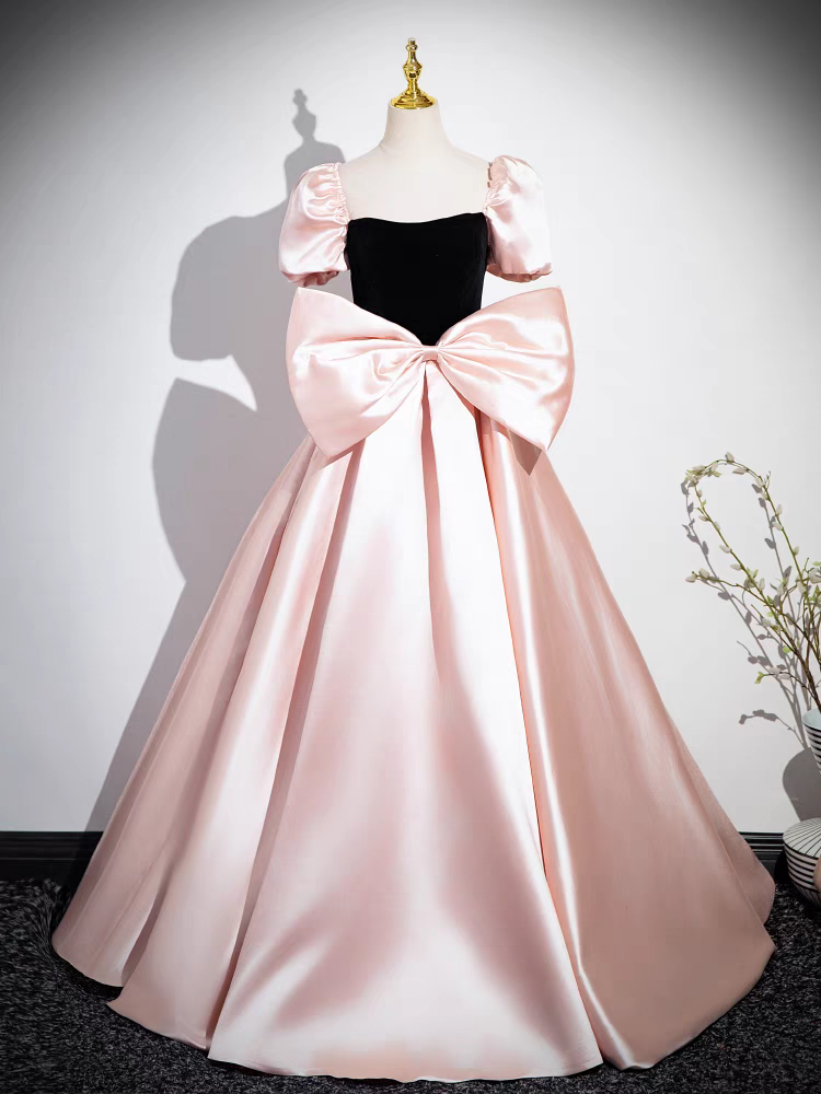 Lovely Pink Princess Sleeves Ball Gown Satin Prom Dress with Bow Lovely Pink Princess Sleeves Ball Gown Satin Prom Dress with Bow