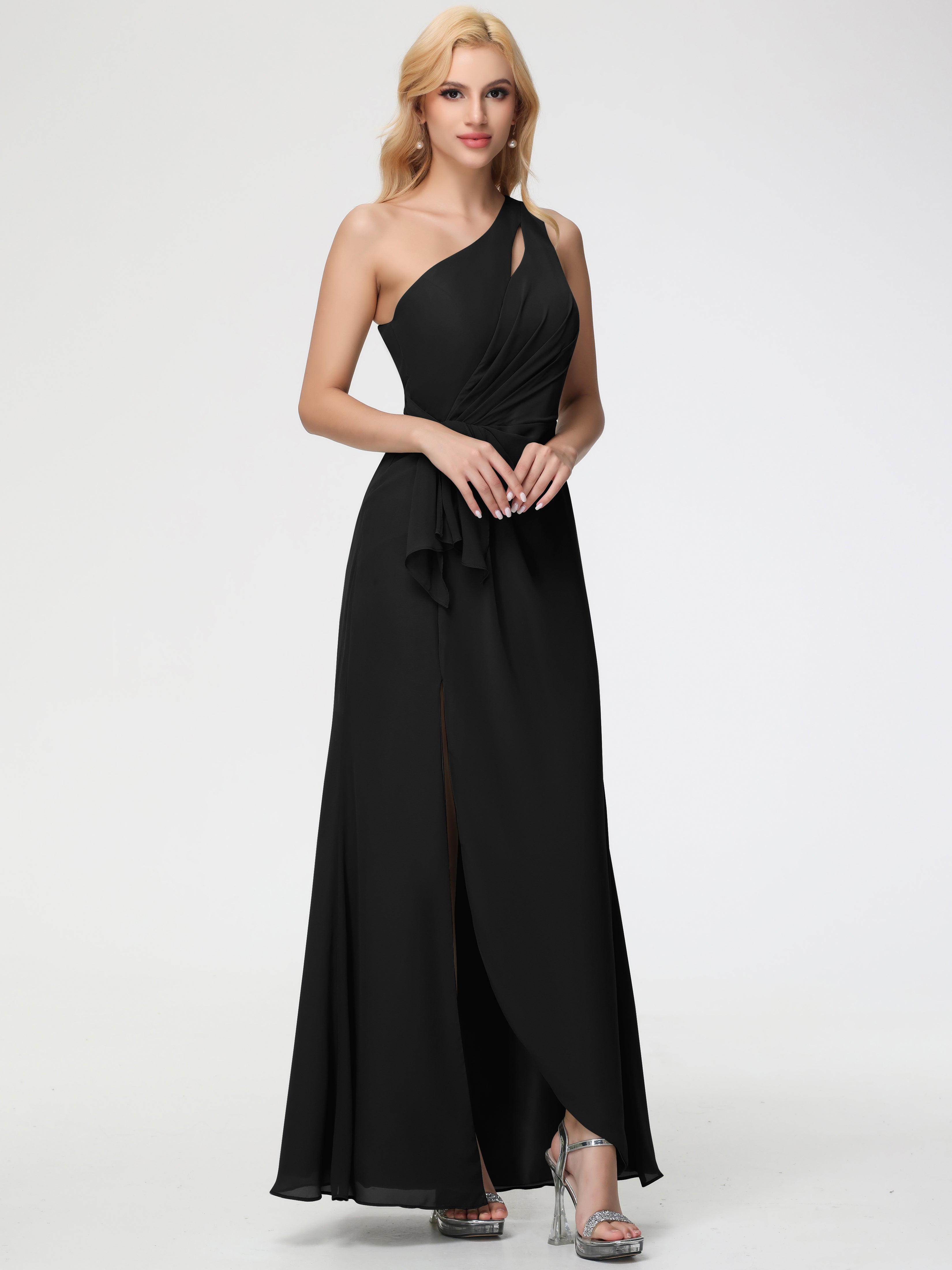 one shoulder ruched bridesmaid dress Red Satin Ruched One-shoulder Slit Wrap Bridesmaid Dress