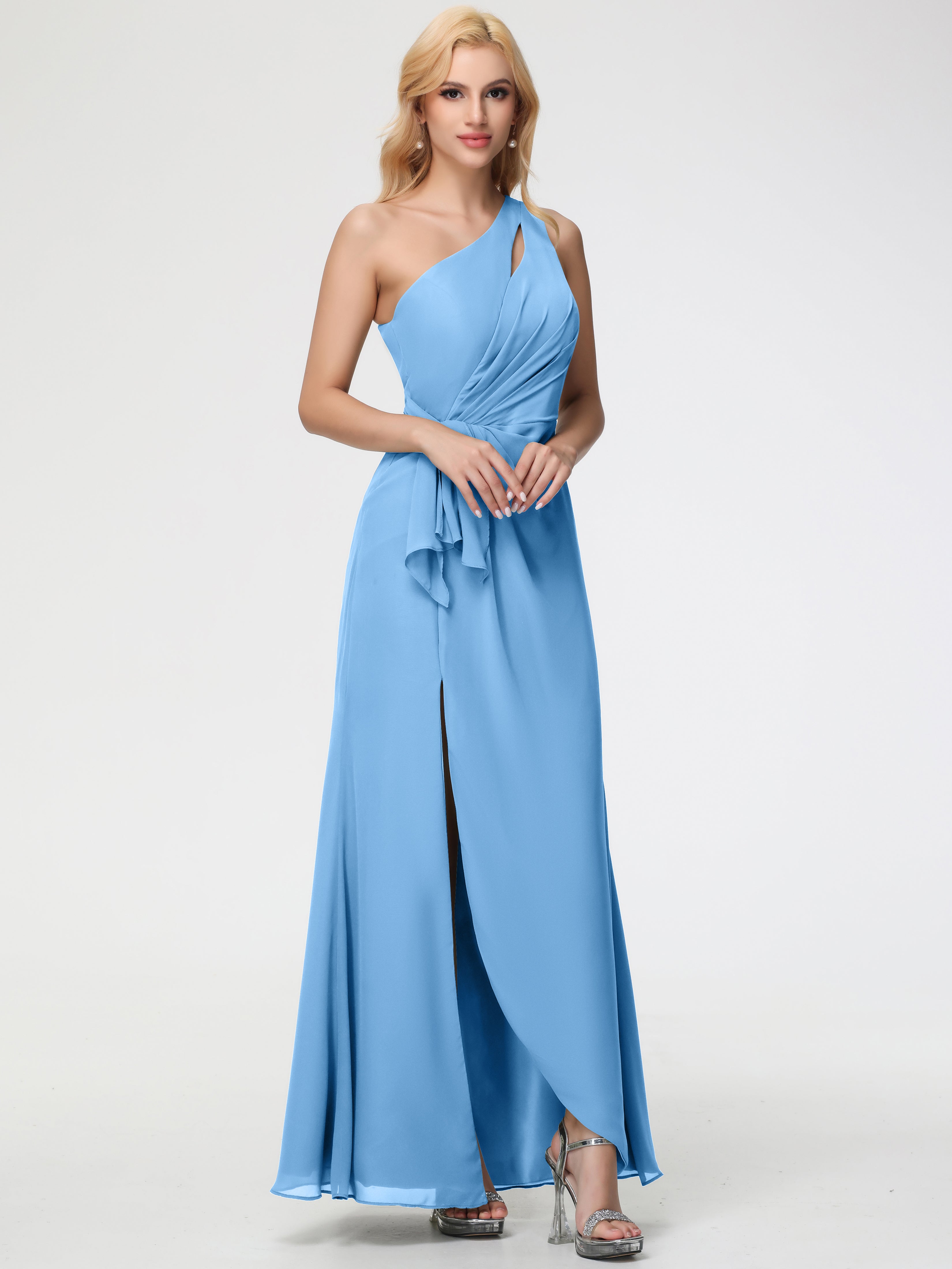 Blue One Shoulder Bridesmaid Dress One Shoulder Sheath/Column Ruched Chiffon Bridesmaid Dresses with Slit Blue One Shoulder Bridesmaid Dress One Shoulder Sheath/Column Ruched Chiffon Bridesmaid Dresses with Slit