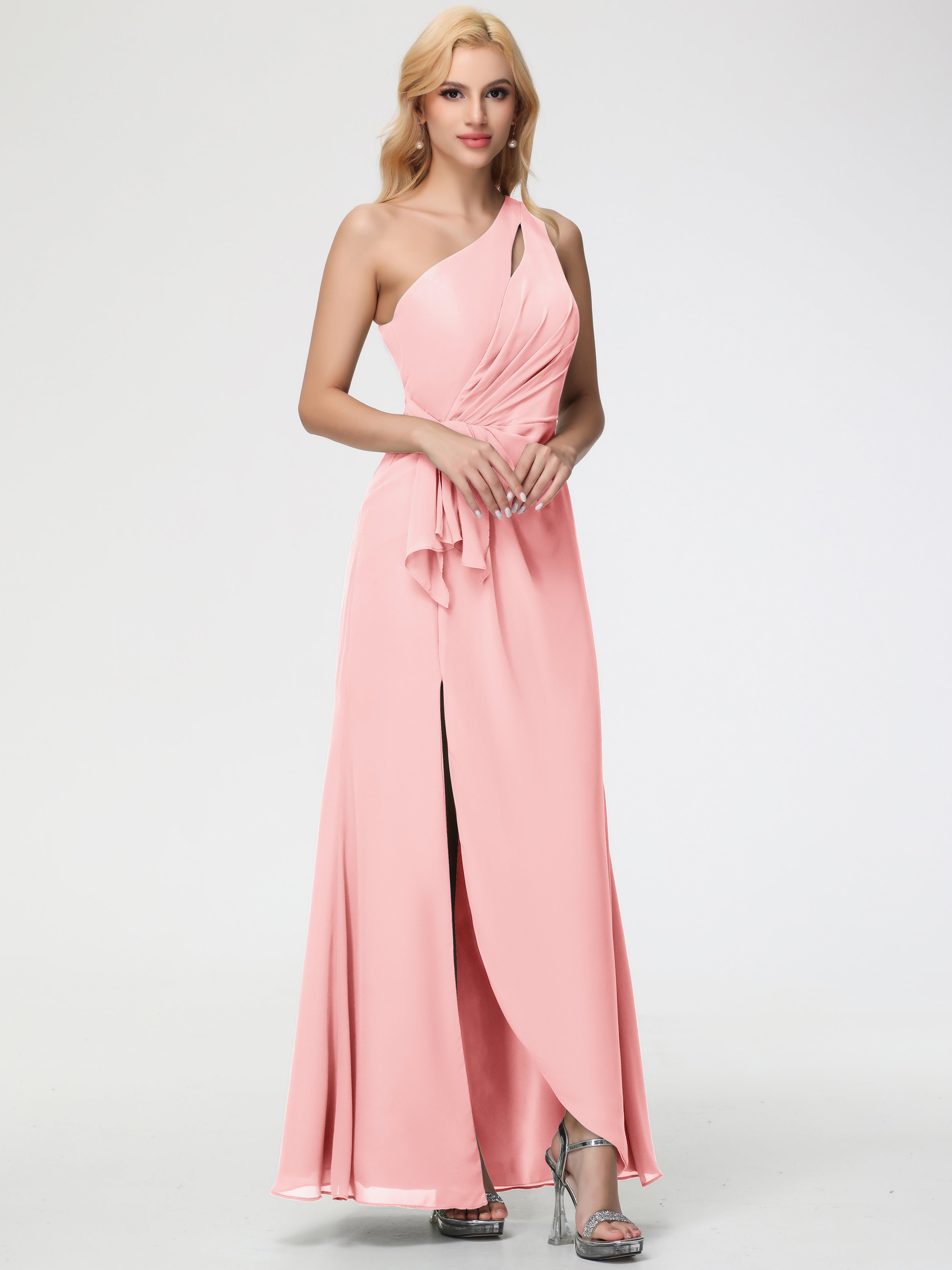 Blush Bridesmaid One Shoulder Sheath/Column Ruched Chiffon Bridesmaid Dresses with Slit Blush Bridesmaid One Shoulder Sheath/Column Ruched Chiffon Bridesmaid Dresses with Slit