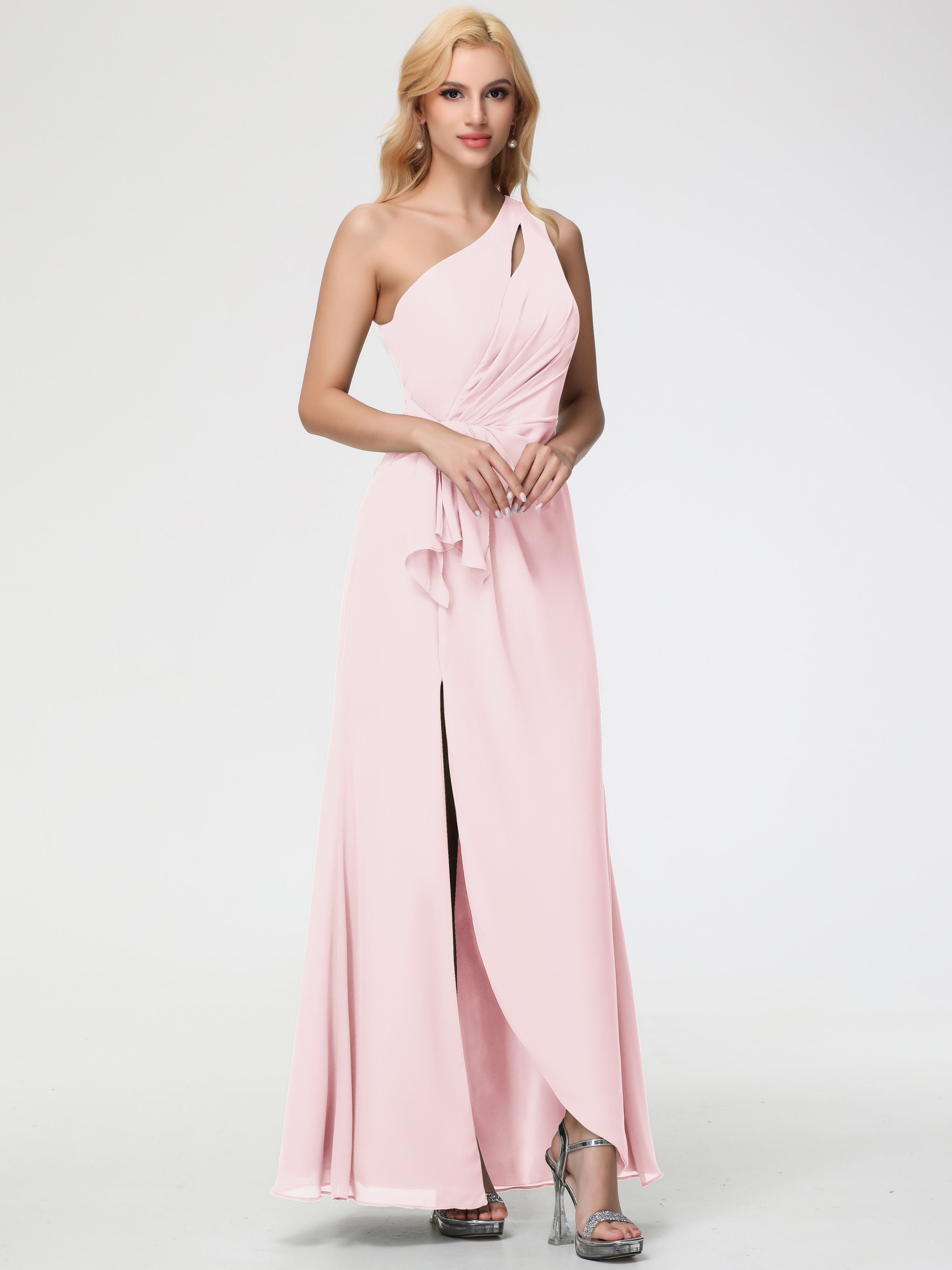 Blush Pink Bridesmaid Dresses One Shoulder One Shoulder Sheath/Column Ruched Chiffon Bridesmaid Dresses with Slit Blush Pink Bridesmaid Dresses One Shoulder One Shoulder Sheath/Column Ruched Chiffon Bridesmaid Dresses with Slit