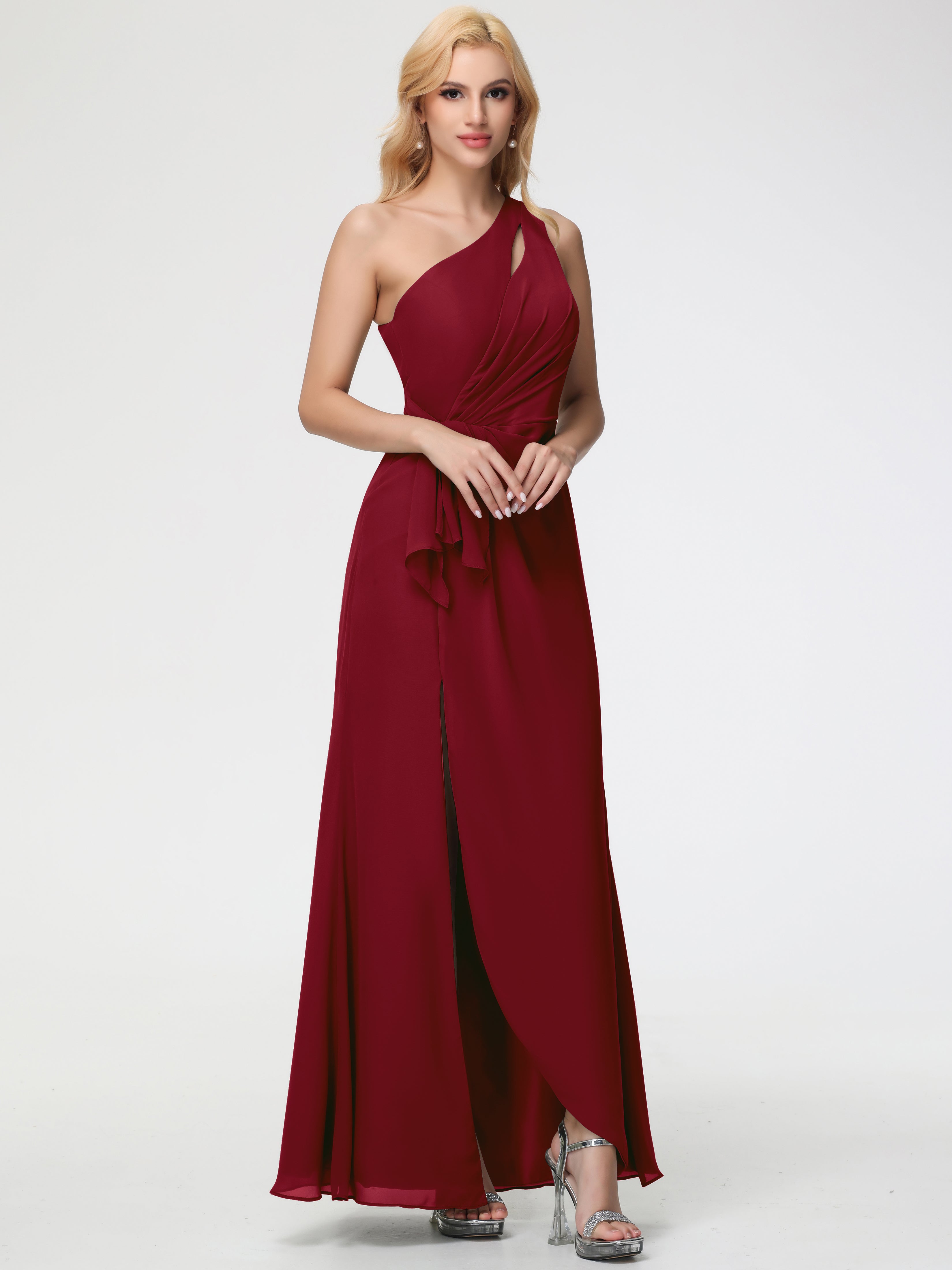 One Shoulder Burgundy Bridesmaid Dresses One Shoulder Sheath/Column Ruched Chiffon Bridesmaid Dresses with Slit One Shoulder Burgundy Bridesmaid Dresses One Shoulder Sheath/Column Ruched Chiffon Bridesmaid Dresses with Slit