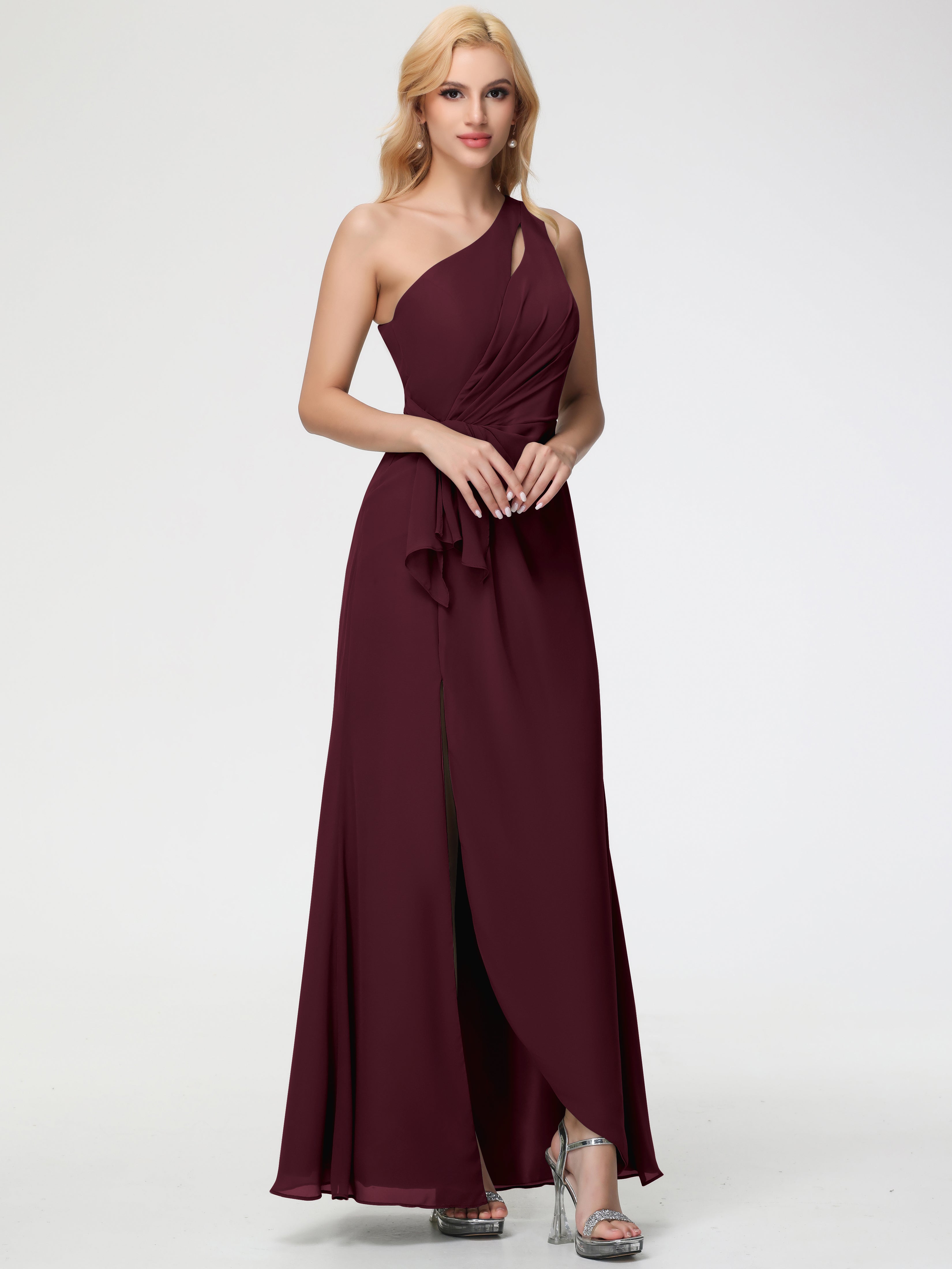 Cabernet Colored Bridesmaid Dresses One Shoulder Sheath/Column Ruched Chiffon Bridesmaid Dresses with Slit Cabernet Colored Bridesmaid Dresses One Shoulder Sheath/Column Ruched Chiffon Bridesmaid Dresses with Slit