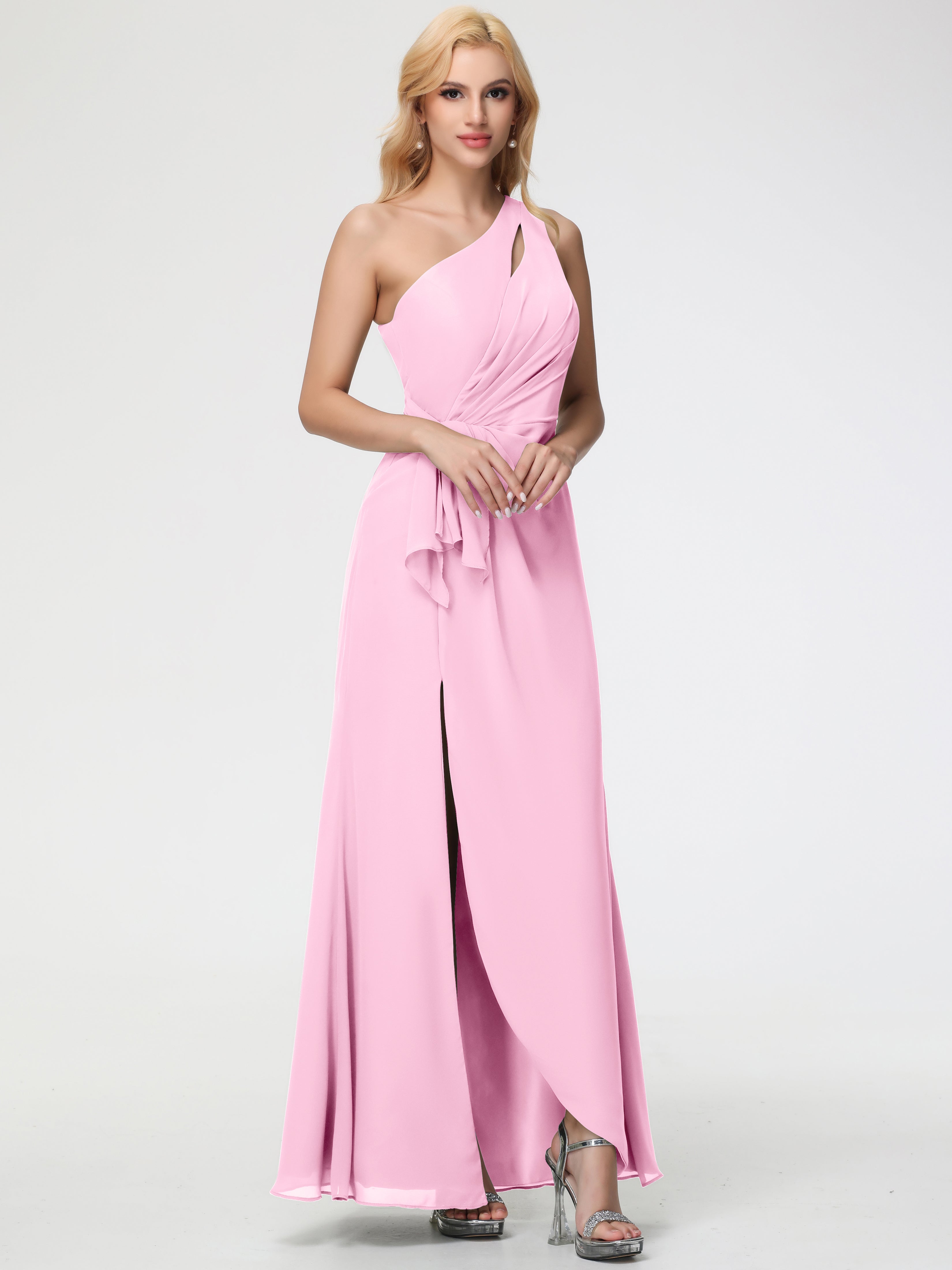 Cotton Candy Pink Bridesmaid Dresses One Shoulder Sheath/Column Ruched Chiffon Bridesmaid Dresses with Slit Cotton Candy Pink Bridesmaid Dresses One Shoulder Sheath/Column Ruched Chiffon Bridesmaid Dresses with Slit